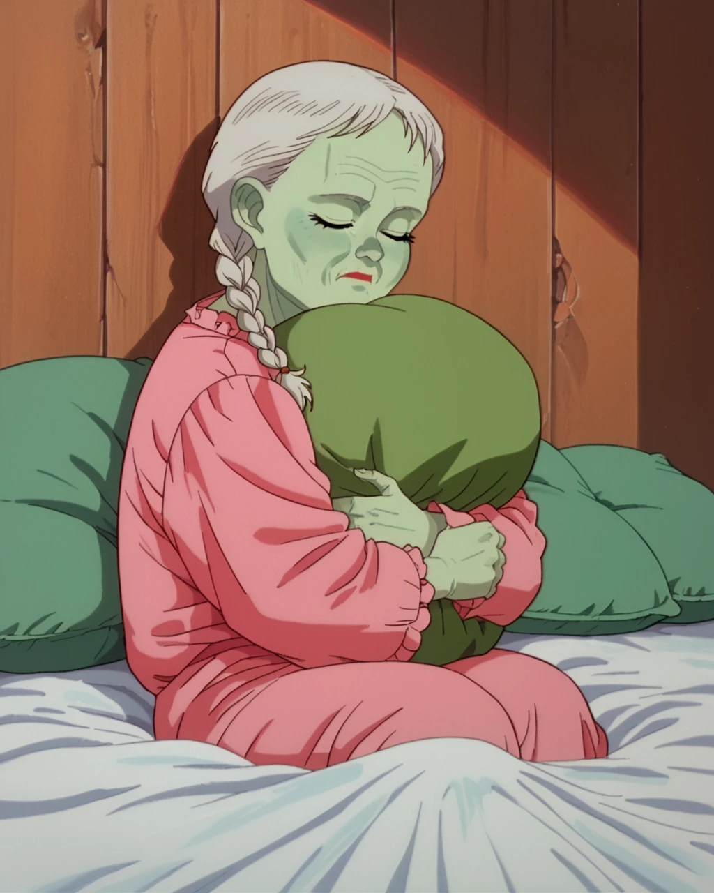 score_9, score_8_up, score_7_up, zPDXL, <lora:Akira_style:0.95>retro artstyle, 1girl, old, dwarf, pajamas, solo, braid, colored skin, twin braids, sitting, object hug, green skin, closed eyes, bed, giant bed, fluffy bed covers