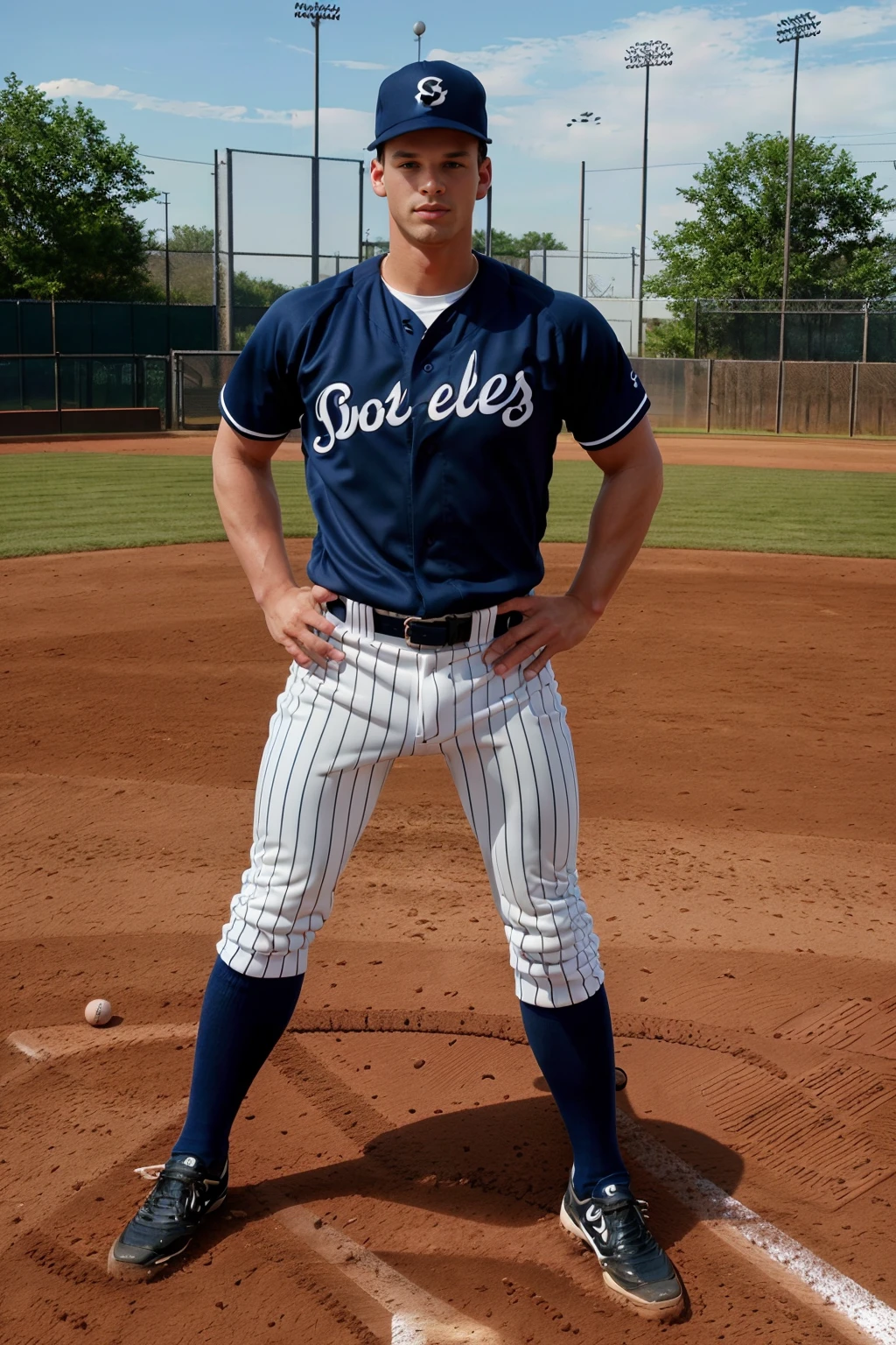 outdoor baseball field, standing at first base, RyanKutcher is a baseballplayer, wearing navy blue baseball uniform, navy blue jersey, (white pants), (navy blue socks) stirrups, navy blue baseball cap, (baseball mitt), (((full body portrait))), wide angle <lora:RyanKutcher:0.8> <lora:Clothing - Sexy Baseball Player:0.7>
