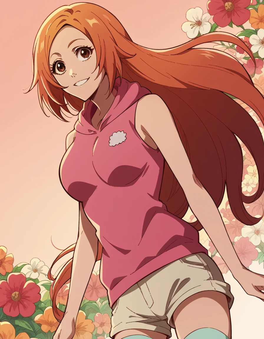 score_9, score_8_up, score_7_up, source_anime,
inoueorihime, <lora:inoue-orihime-tybw-ponyxl-lora-nochekaiser:1>,
inoue orihime, long hair, orange hair, brown eyes,
thighhighs, shorts, sleeveless, hood, hoodie, pink hoodie,
smile, <lora:floral-background-ponyxl-lora-nocheakaiser:1>, floral background,
looking at viewer, cowboy shot, dutch angle, solo,