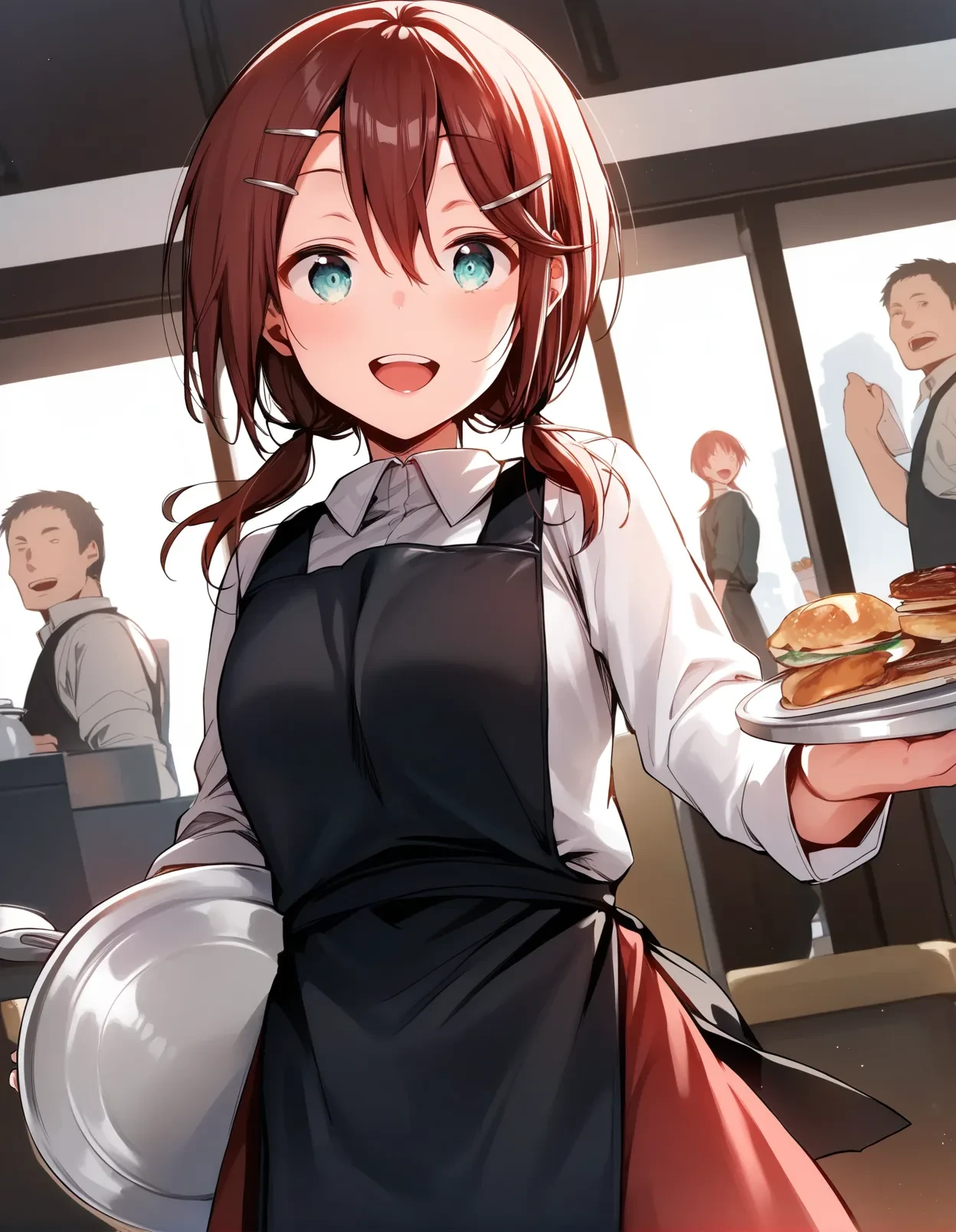 score_9, score_8_up, score_7_up, girl, a girl in a restaurant, smile, upper teeth only, dutch angle, looking at viewer, waitress, smile,brown|red hair, aqua eyes,  black apron, red skirt, hairclip, white shirt, long sleeves,  <lora:aya_style_pony6_v2:1>, hair between eyes, short low twintails, wind lift,