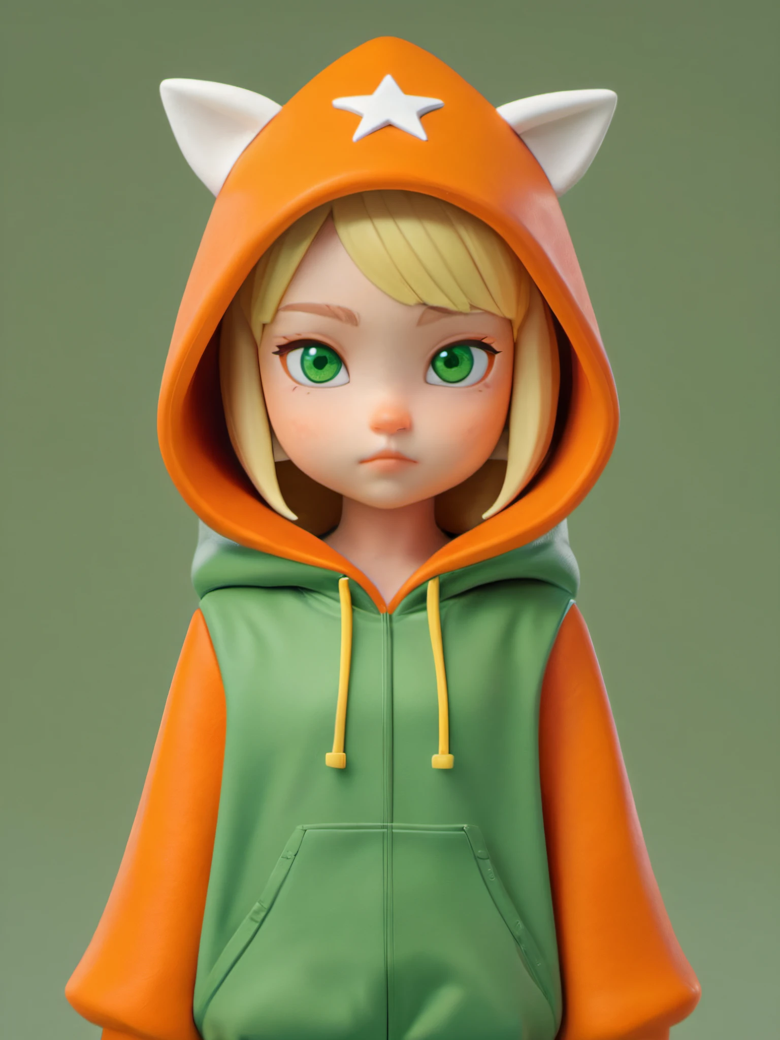 solo,1girl,green eyes,blonde hair,orange background,animal costume,standing,animal hands,star (symbol),hood,XCYP Trendy Play,Rich in Detail,Ultra High Resolution,32K UHD,Best Quality,Masterpiece,