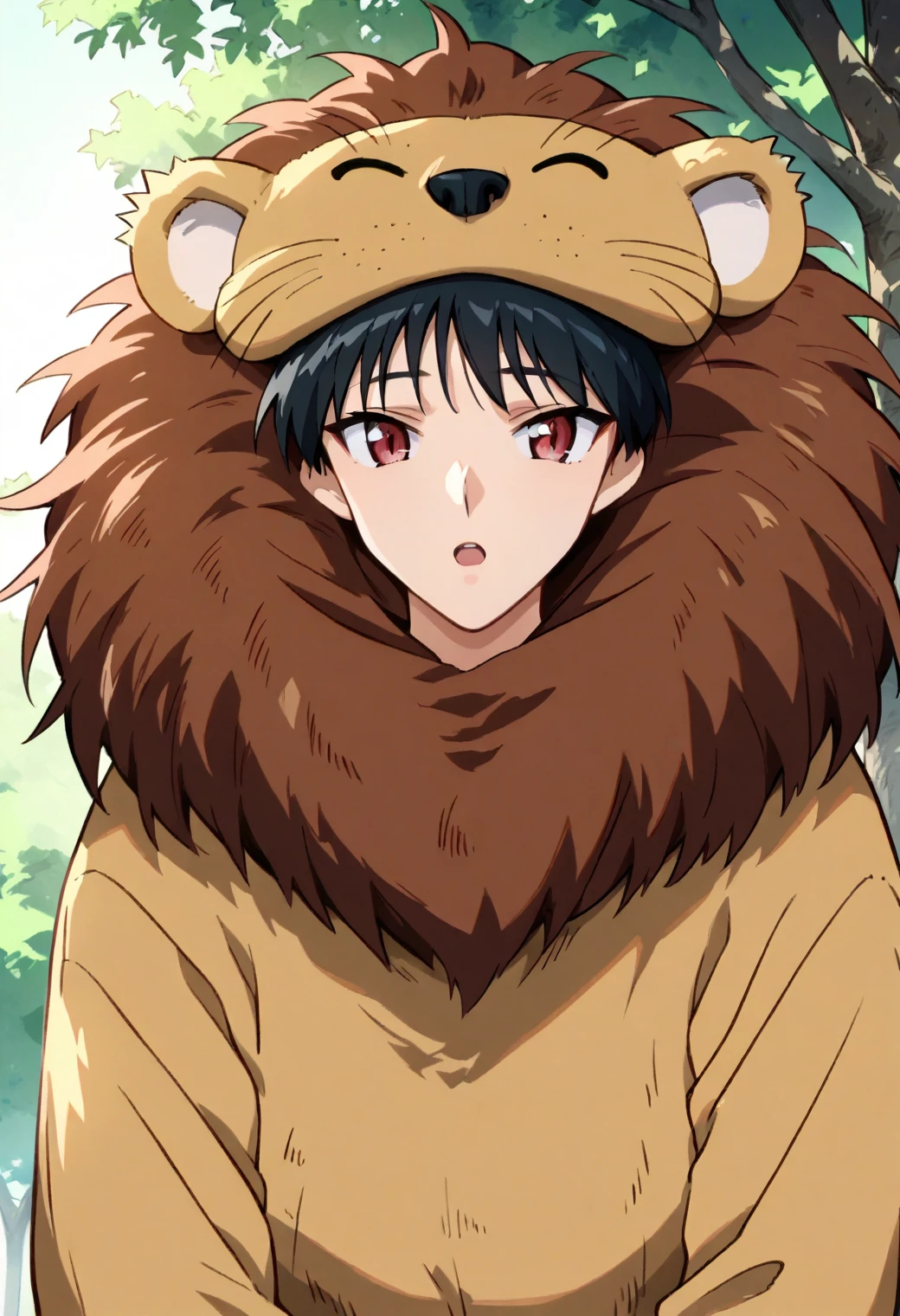 1girl, <lora:tsukamoto_yakumo_ponyxl_DoRA_v4:1>, tyakumo, bob cut, sidelocks, solo, upper body, looking at viewer, standing, lion costume, tree, open mouth, lion mane,
score_9, score_8_up, score_7_up, score_6_up, anime coloring