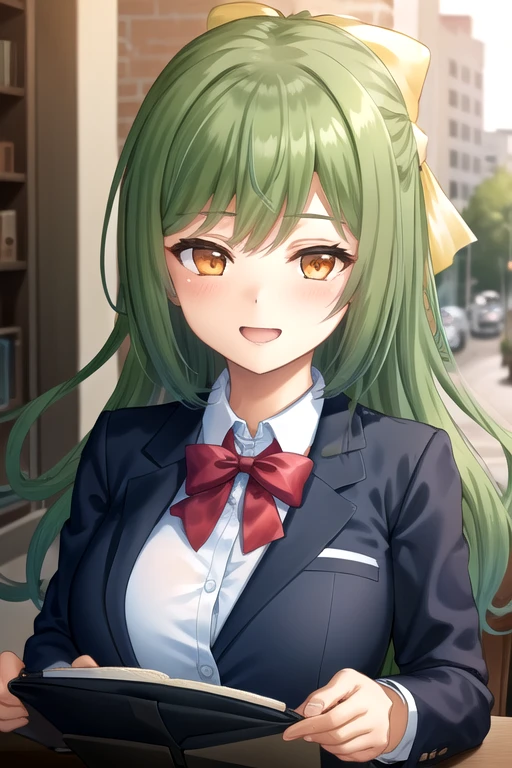 ((masterpiece)),(best quality),official art,extremely delicate and beautiful,extremely detailed CG,unity 8k wallpaper,ultra detailed,beautiful detailed eyes,extremely detailed face,outdoors,1girl,solo,upper body,(portrait:1.5),looking at viewer,facing viewer,smile,Okino Maika,long hair,green hair,half updo,hair ribbon,hair bow,yellow bow,sidelocks,bangs,orange eyes,school uniform,black jacket,blazer,red bowtie,white shirt,collared shirt,long sleeves,large breasts,skindentation,miniskirt,white skirt,pleated skirt,zettai ryouiki,black thighhighs,loafers,black footwear,<lora:Okino Maika(rk):0.7>,