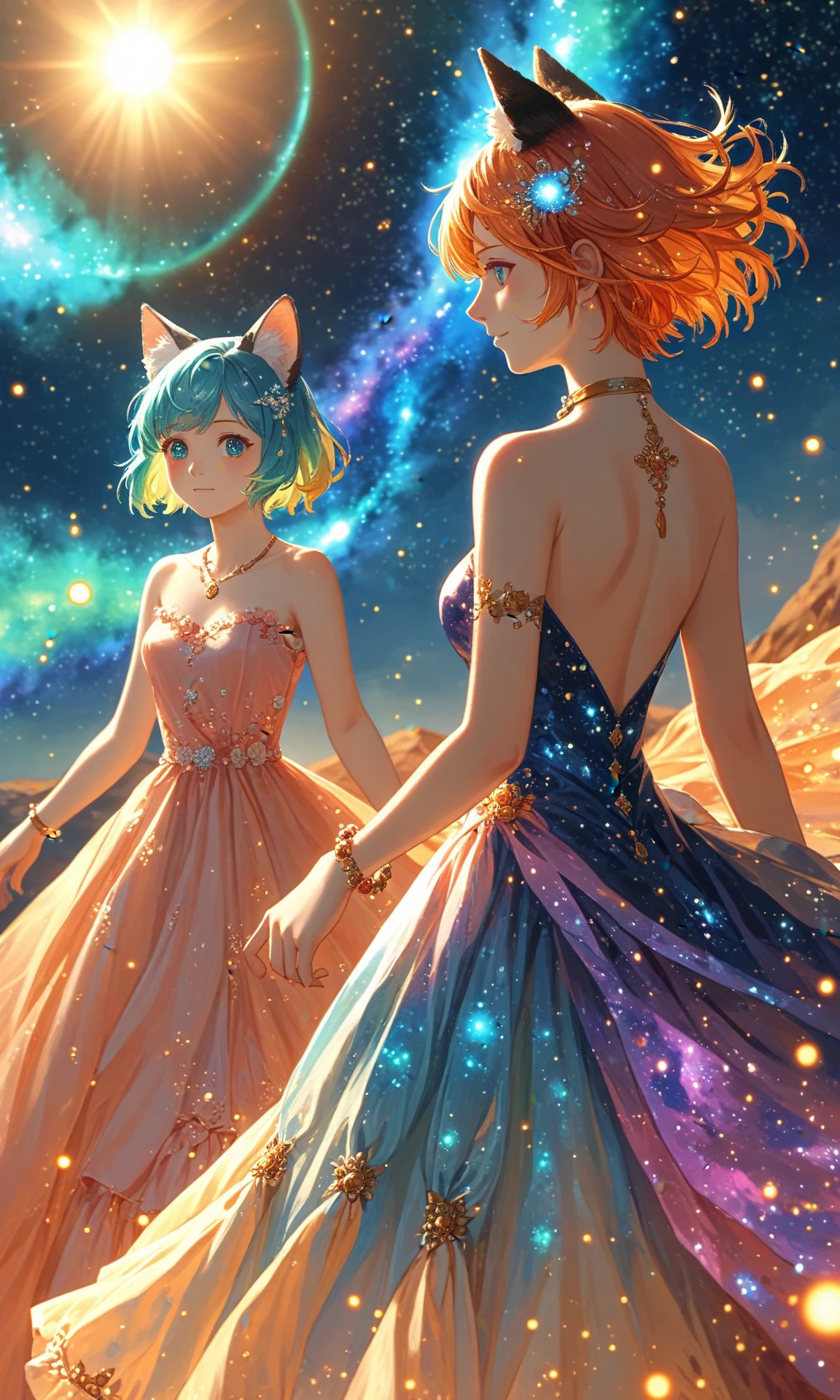 (masterpiece, best quality, very aesthetic, ultra detailed), score_9, score_8_up, score_7_up, (2girls) in dress, animal ears, short hair, colored hair, blush, jewelry,bracelet,glowing,necklace, supernatural and quixotic structures,jagged rock formations,biomorphic,nebula,ethereal,dappled light,black,teal,purple, sunlight, outdoors, detailed, intricate, absurdres, <lora:绪å¿XL ä¸è·¯æµå
è£ XUER Silk Road glowing dress:1>, XUER Silk Road glowing dress, <lora:MJ52:0.7>
