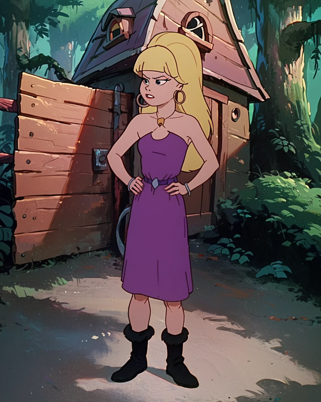 score_9, score_8_up, score_7_up, zPDXL, <lora:Fire_and_Ice_Style:1>FAIStyle, retro artstyle, painting (medium), <lora:Pacifica_Northwest_-_Gravity_Falls_PonyXL:1>pacifica, blonde hair, jewelry, hoop earrings, blunt bangs, purple dress, boots, hands on hips, large Cabin, forest