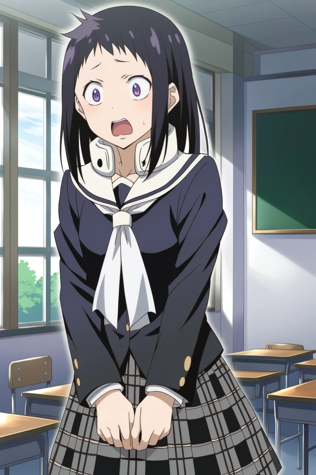 tsugumi score_9, score_8_up, score_7, source_anime, 1girl, solo, cowboy shot, wide eyes, open mouth, wavy mouth, panicked, standing, black hair, hair down, purple eyes, shibusen uniform, black shirt, white collar, white neckerchief, high collar, back bow, black bow, black skirt, plaid skirt, classroom