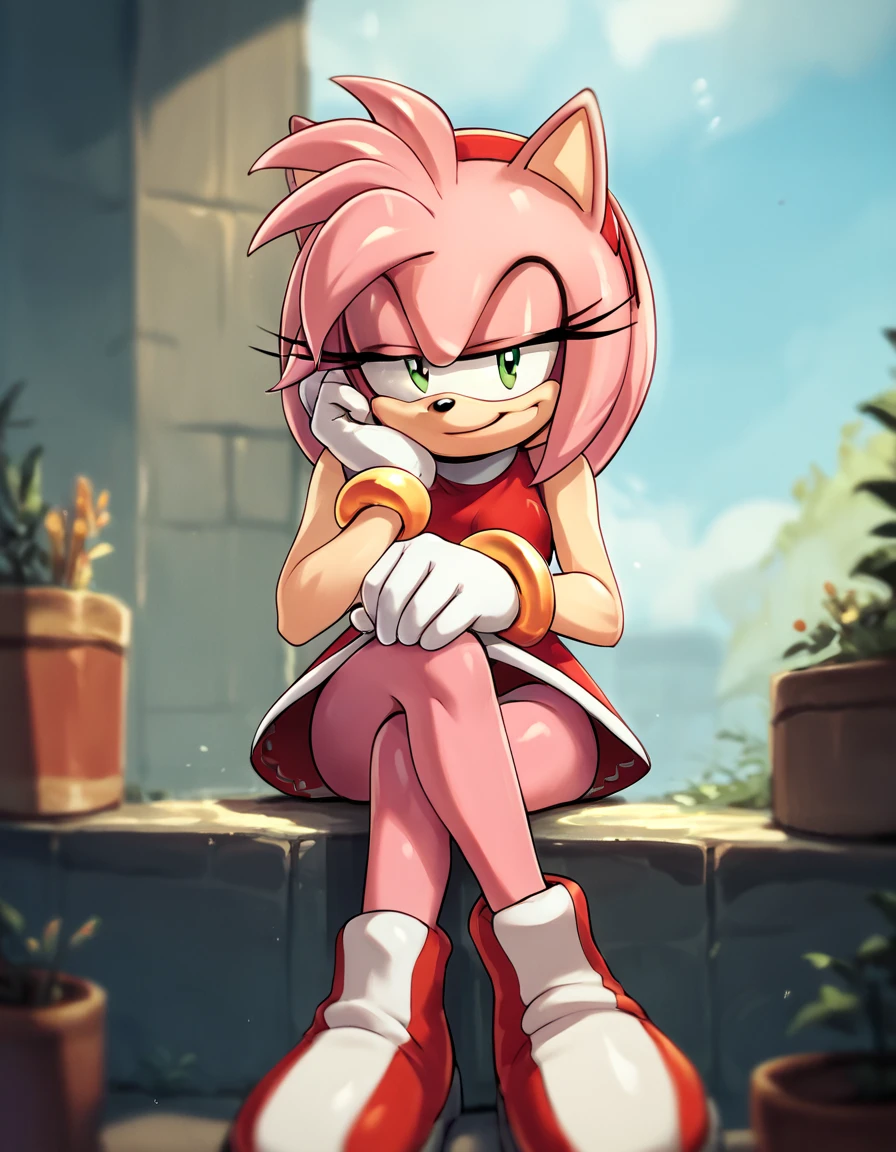 score_9, score_8_up, score_7_up, score_6_up, score_5_up, score_4_up, source_anime, AmyRose, sitting, legs crossed, head rest, smirk