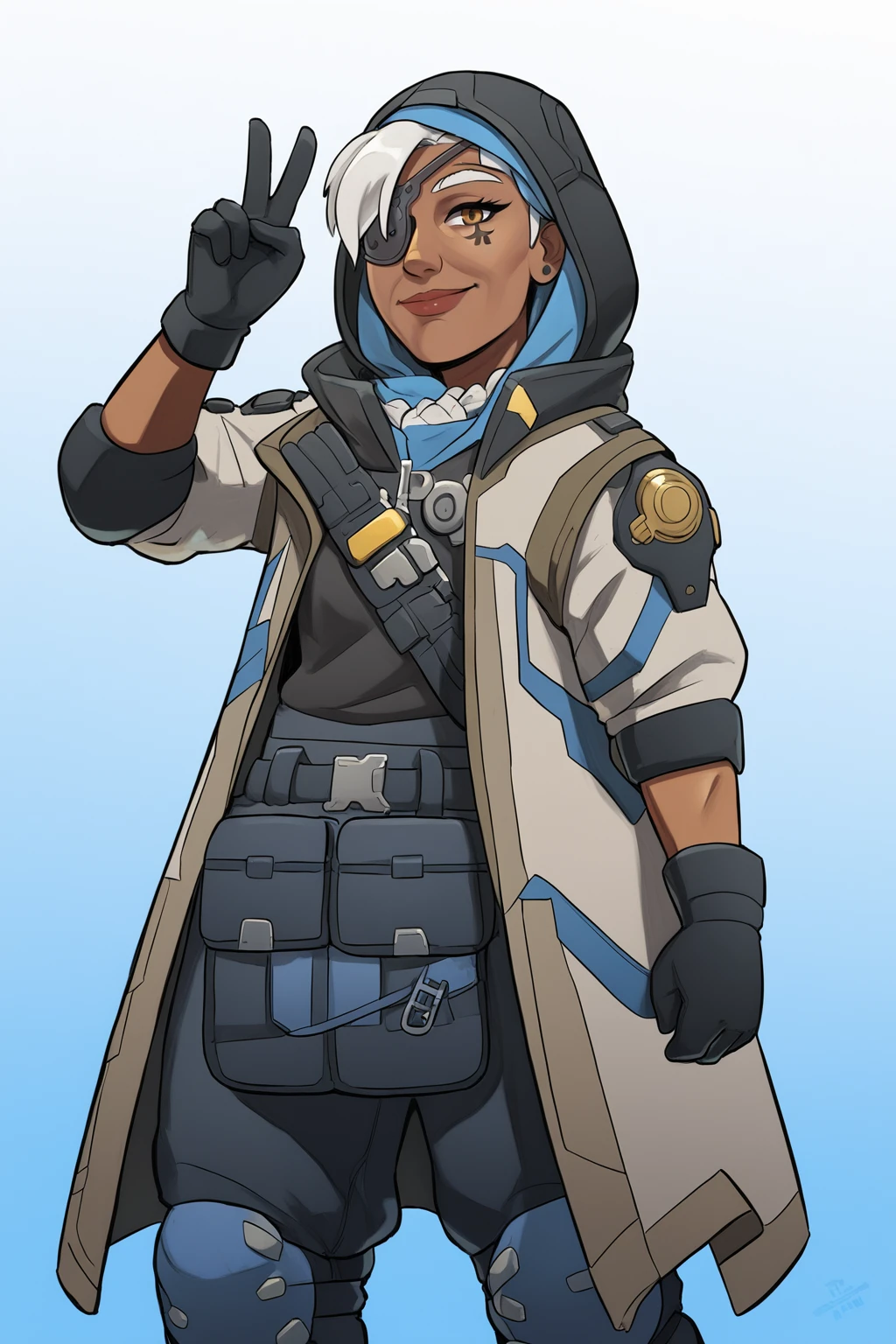 score_9, score_8_up, score_7_up, masterpiece, high quality
<lora:Ana Amari oldPonyLoRA:0.8>anamri, anamri, dark-skinned female, old woman, short hair, hood, eyepatch, facial tattoo, hight collar, coat, top, zipper, gloves, grenades on bandolier, belt, belt pouch, armor, pants, knee pads. smile, victory sign