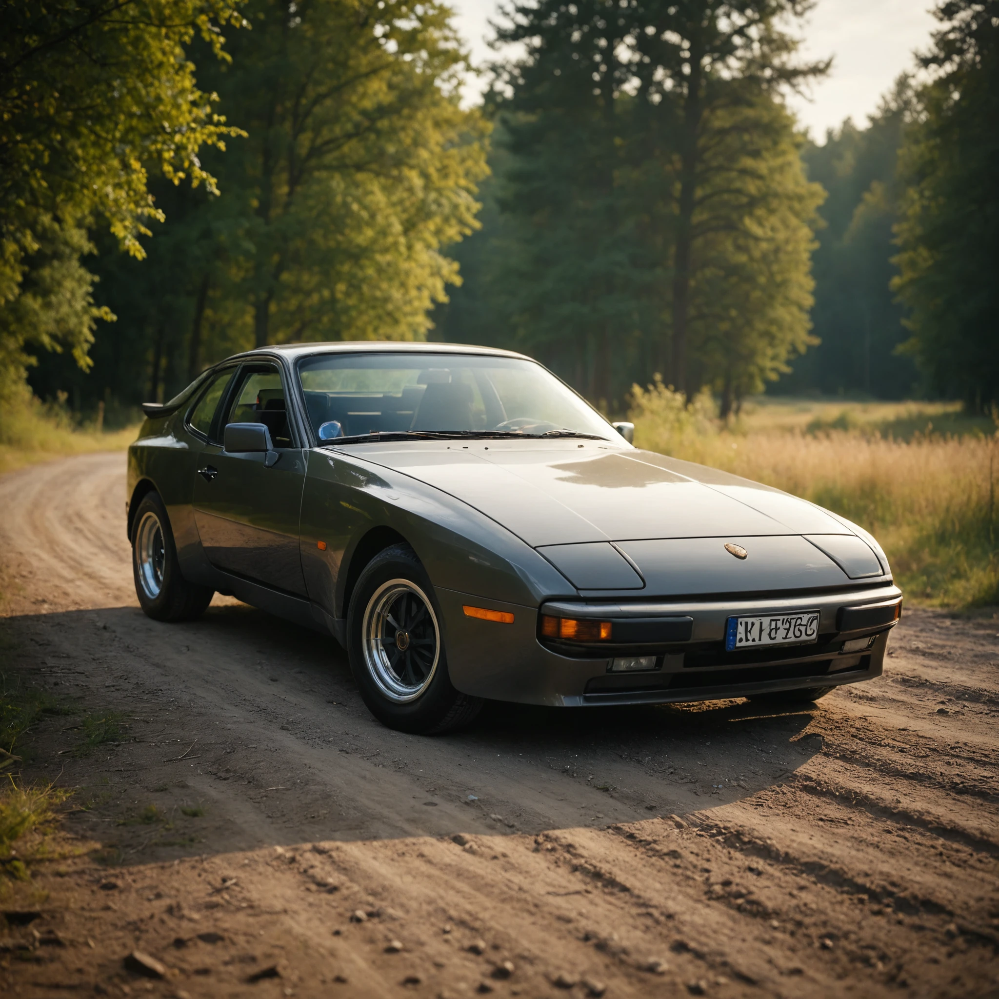 professional 3d model cinematic film still cinematic photo 80s german sport coupe car, parked on a dirt surface, with a forest visible in the background on a sunny day, still epic full car shoot<lora:add-detail-xl:1>  <lora:Porsche 944 Targa - 80s german sport coupe car:1> . 35mm photograph, film, bokeh, professional, 4k, highly detailed . shallow depth of field, vignette, highly detailed, high budget Hollywood movie, bokeh, cinemascope, moody, epic, gorgeous, film grain, grainy . octane render, highly detailed, volumetric, dramatic lighting