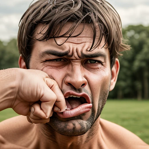 punch in the face, 1boy, mid-forties, outdoor in background, close up, , surprised, <lora:Punch_in_the_face:1.0>