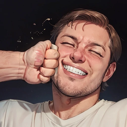 punch in the face, 1 boy satskm, closed eyes, (short hair:1.2), mid-30s, plain background, close up, (grin:1.2), <lora:Satanos:1.0> <lora:Punch_in_the_face:1.0>