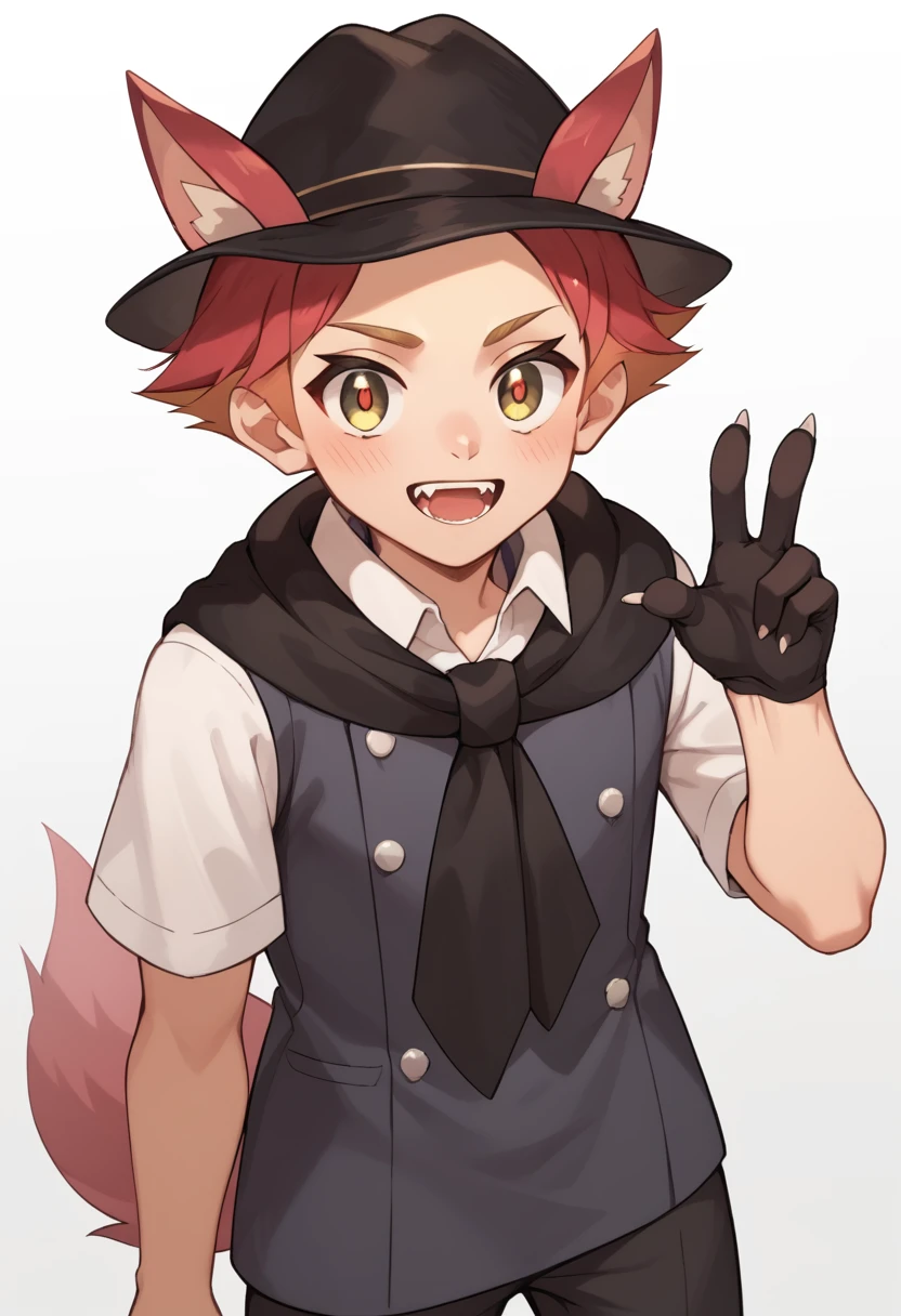 score_9, score_8_up, score_7_up, masterpiece, best quality, amazing quality, best aesthetic, ,absurdres,cute,crispin, multicolored hair, red hair, yellow eyes, red pupils, black hat, black gloves, black scarf, black vest, grey shirt, black pants,paw gloves, sleeves rolled up, black shoes, jewelry ,wolf ears on hat<lora:EMS-374005-EMS:1.000000>, <lora:EMS-361531-EMS:0.700000>