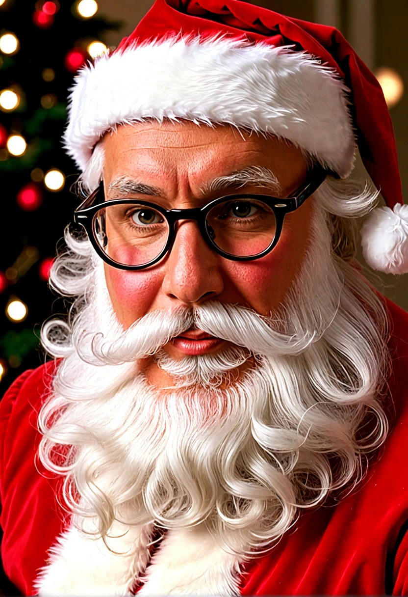 Santa Claus, glasses, (((closeup shot))), cinematic photo, intricate details, natural lighting, volumetric light, dust particles, analog photography, Fujifilm, soft shadows, old house, Christmas, morning, award winning photo, hyperdetailed, ultra-realistic,,