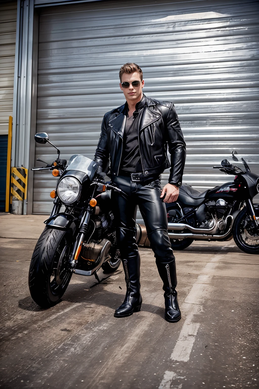 outside warehouse building, large metal rollup garage door, (standing beside a motorcycle:1.2), suave, seductive smile, RyanKutcher, black leather jacket, black leather pants, biker boots, (((full body portrait))), (full body), wide angle, <lora:RyanKutcher:0.8>