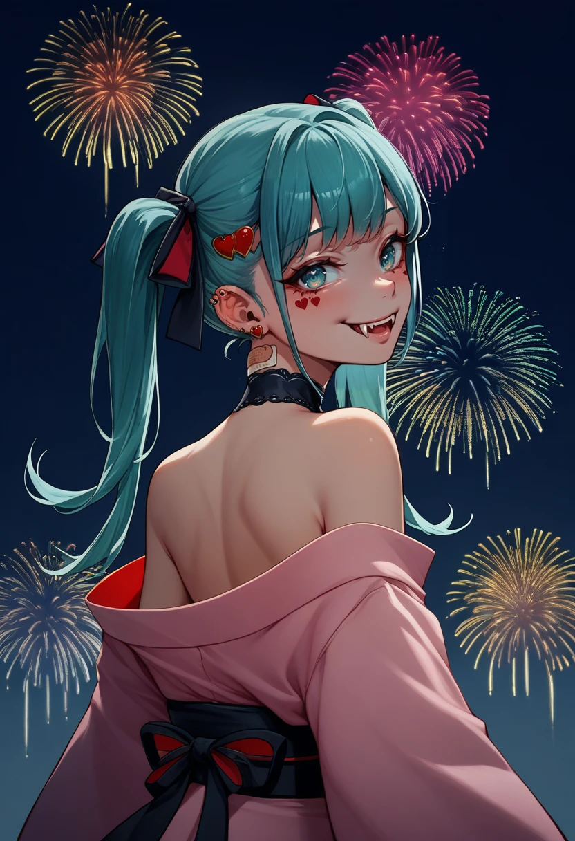 score_9, score_8_up, score_7_up, source_anime, from behind, solo, 1girl, vampiremiku, heart facial mark, fangs, smile, looking back, aqua hair, twintails, heart hair ornament, hair ribbon, black ribbon, aqua eyes, pink kimono, off shoulder, ear piercing, earrings, bandaid on neck, bare shoulders, fireworks <lora:vocaloid_vampiremiku_ponyXL:1>