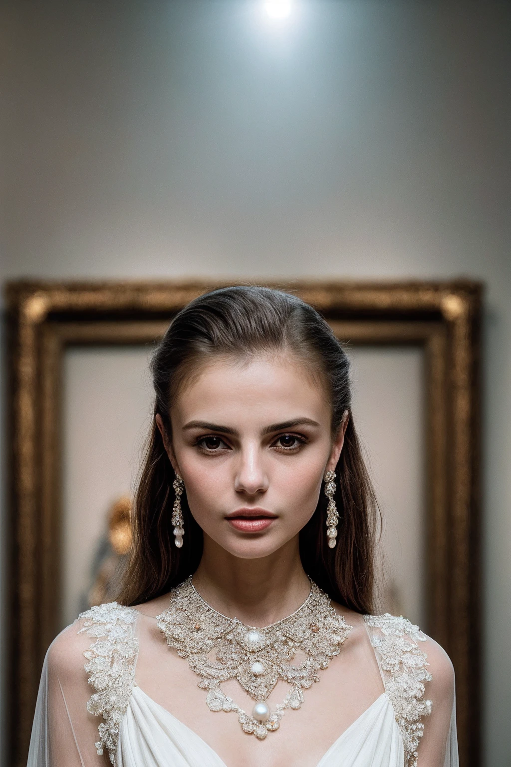 ElleT_SoloTI_v1,
(In a flowing ivory gown with intricate lace details, paired with vintage pearl earrings, for a timeless and elegant look), (Amidst a grand museum exhibit, surrounded by ancient artifacts juxtaposed against modern art installations, an aura of grace and poise transcends time:1.3), (seductive:1.3),(analog, cinematic, film grain, hazy atmosphere, cinematic shot:1.3),
<lora:add_detail:0.7> <lora:LowRa:0>, PA7_Portrait-MCU,