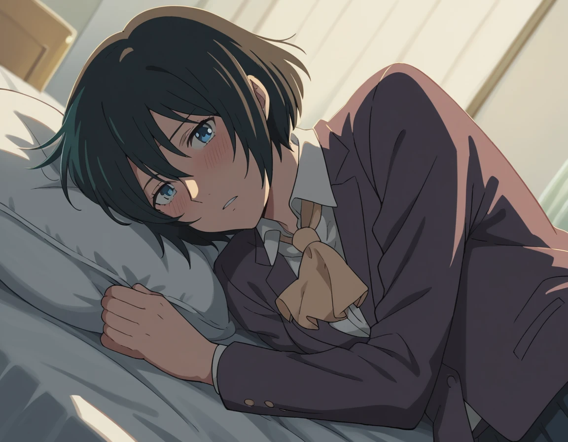 score_9, score_8_up, score_7_up, source_anime,
yukariyukino, <lora:yukari-yukino-movie-ponyxl-lora-nochekaiser:1>,
yukari yukino, short hair, black hair, blue eyes, hair between eyes,
shirt, collared shirt, white shirt, ascot, blazer, peach blazer, skirt,
indoors, bed, bed room, on side, blush, drunk,
cowboy shot, looking at viewer, solo, dutch angle,