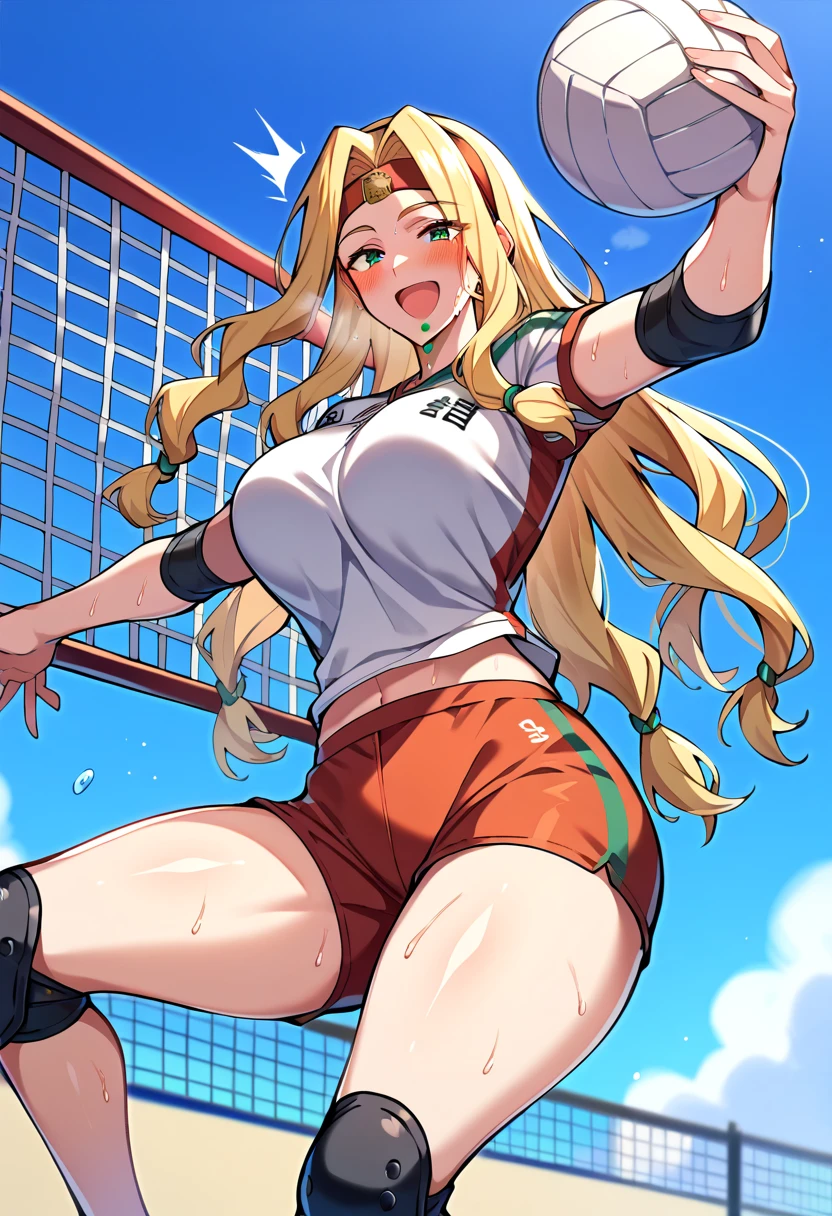 score_9,score_8_up,score_7_up,score_6_up , source_anime, quetzalcoatlRND, chin green gem, 1girl, blush, large breasts, green eyes, volleyball uniform, blonde hair, jumping, open mouth, shorts, volleyball net, smile, knee pads, sportswear, sweat,  long hair, parted bangs, headband, looking at viewer, thighs, elbow pads, elbow sleeve, <lora:QuetzalcoatlFate-Xl-V7:1>