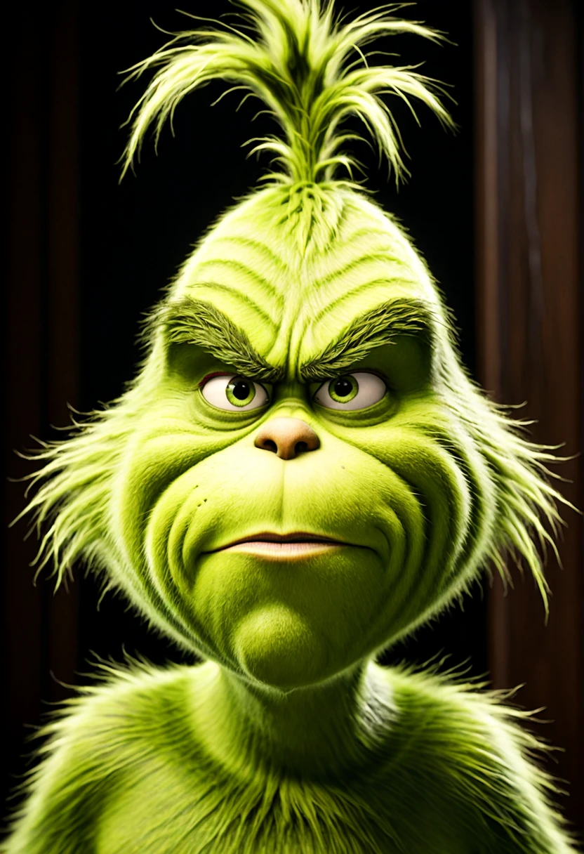 Grinch, (((closeup shot))), cinematic photo, intricate details, natural lighting, volumetric light, dust particles, analog photography, Fujifilm, soft shadows, old house, Christmas, morning, award winning photo, hyperdetailed, ultra-realistic,,