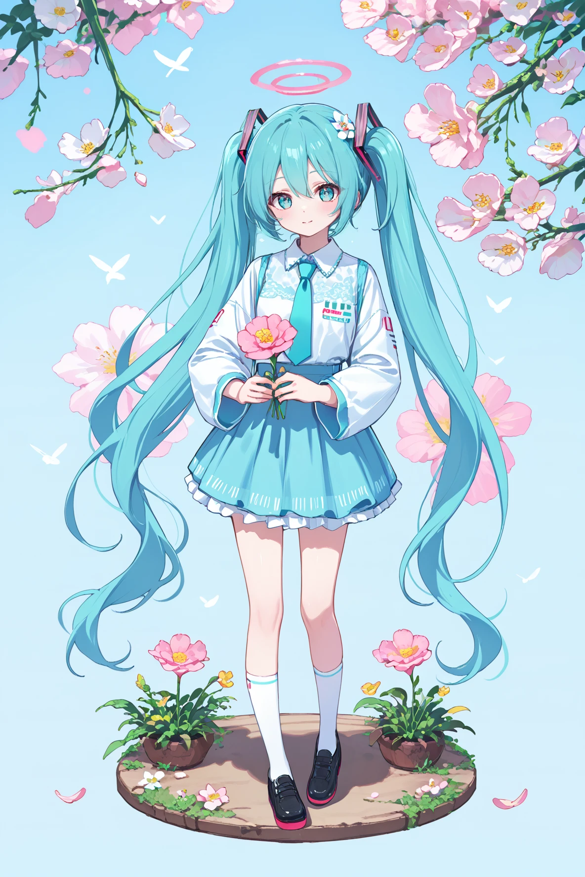 gomyon, 1girl, aqua eyes, aqua hair, floral background, flower, hair flower, hair ornament, hatsune miku, holding, holding flower, long hair, looking at viewer, pink flower, skirt, socks, solo, twintails, very long hair, white flower<lora:Gomyonbrite:0.7>