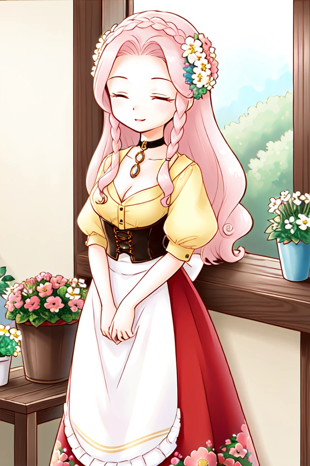 1 girl, indoors, ((flowers)), potted plants, standing,
<lora:Harvest_Moon_Hero_of_Leaf_Valley_-_Lyla:0.5> holvlyla, pink hair, long hair, wavy hair, braid, sidelocks, hair flower, closed eyes,
choker, pendant, yellow blouse, cleavage, puffy sleeves, short sleeves, corset, apron, red skirt, long skirt, floral pattern,