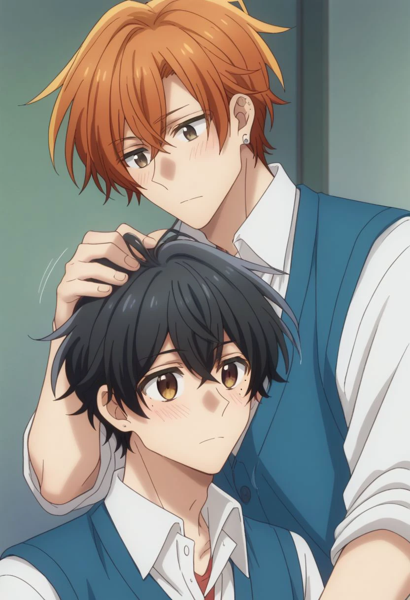 score_9, score_8_up, source_anime, highly detailed, 2boys, 
miyano, 1boy, male focus, black hair, mole under eye, mole, brown eyes, shirt, white shirt, hair between eyes, sweater vest, BREAK
sasaki, 1boy, male focus, brown eyes, shirt, white shirt, orange hair,  jewelry, earrings, cardigan, collared shirt, 
indoor, hand on other's head, petting, motion lines, blush,