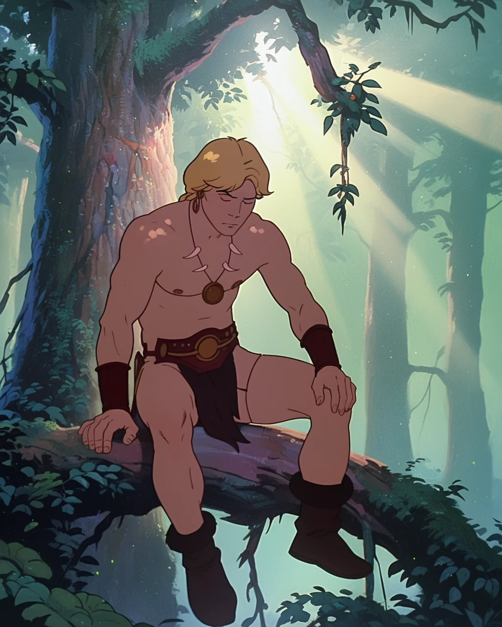 score_9, score_8_up, score_7_up, zPDXL, <lora:Fire_and_Ice_Style:1>FAIStyle, retro artstyle, painting (medium), Larn, 1boy, male focus, blonde hair, necklace, jewelry, loincloth, in tree, pelvic curtain, closed eyes, sitting, topless male, nature, outdoors, light rays, dust particles