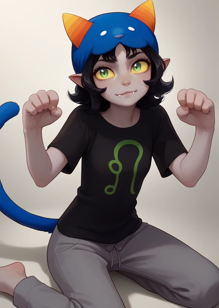 , score_9, score_8_up, score_7_up, masterpiece, , line art, portrait, anime,, detailed, <lora:Expressive_H:0.45> Expressiveh, solo, , on knees, , nya, paw pose, looking at viewer, 1girl, , gray skin, yellow sclera, nepeta, black hair, wavy hair, horns, pointy ears, petite, slim, thin, , , medium hair, short hair, , black t-shirt , black shirt, short sleeves, gray sweatpants, fangs, cat tail, cat hat , green eyes, leo \(symbol\), <lora:Nepeta:0.8>, gray simple background,
