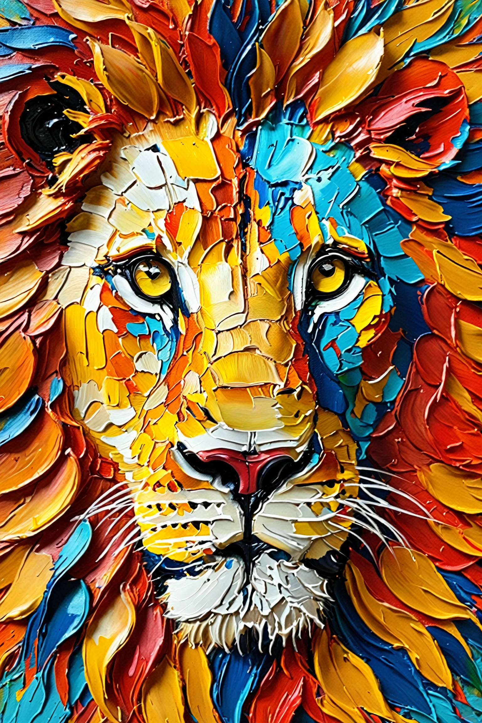 A vibrant and colorful lion's face, rendered in an abstract and textured style. The lion's eyes, mane, and facial features are depicted using a myriad of colors, including blues, reds, yellows, and oranges. The paint appears thick and is applied in a manner that gives the artwork a three-dimensional, tactile quality. The background is predominantly white, which accentuates the lion's features and makes them pop.<lora:EMS-387362-EMS:0.800000>