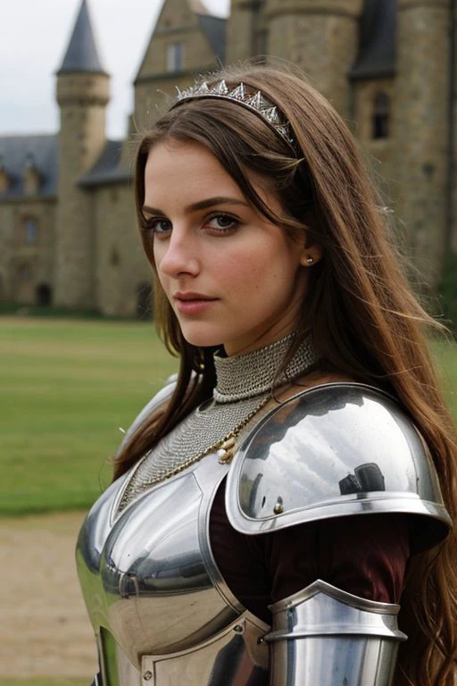 portrait of the most beautiful woman in the world, (medieval armor), metal reflections, upper body, outdoors, intense sunlight, far away castle