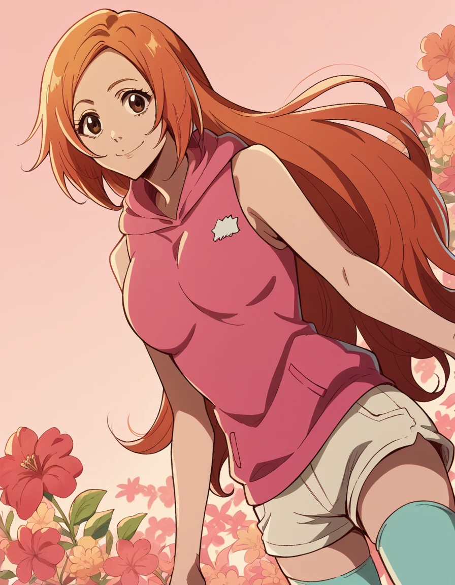 score_9, score_8_up, score_7_up, source_anime,
inoueorihime, <lora:inoue-orihime-tybw-ponyxl-lora-nochekaiser:1>,
inoue orihime, long hair, orange hair, brown eyes,
thighhighs, shorts, sleeveless, hood, hoodie, pink hoodie,
smile, <lora:floral-background-ponyxl-lora-nocheakaiser:1>, floral background,
looking at viewer, cowboy shot, dutch angle, solo,