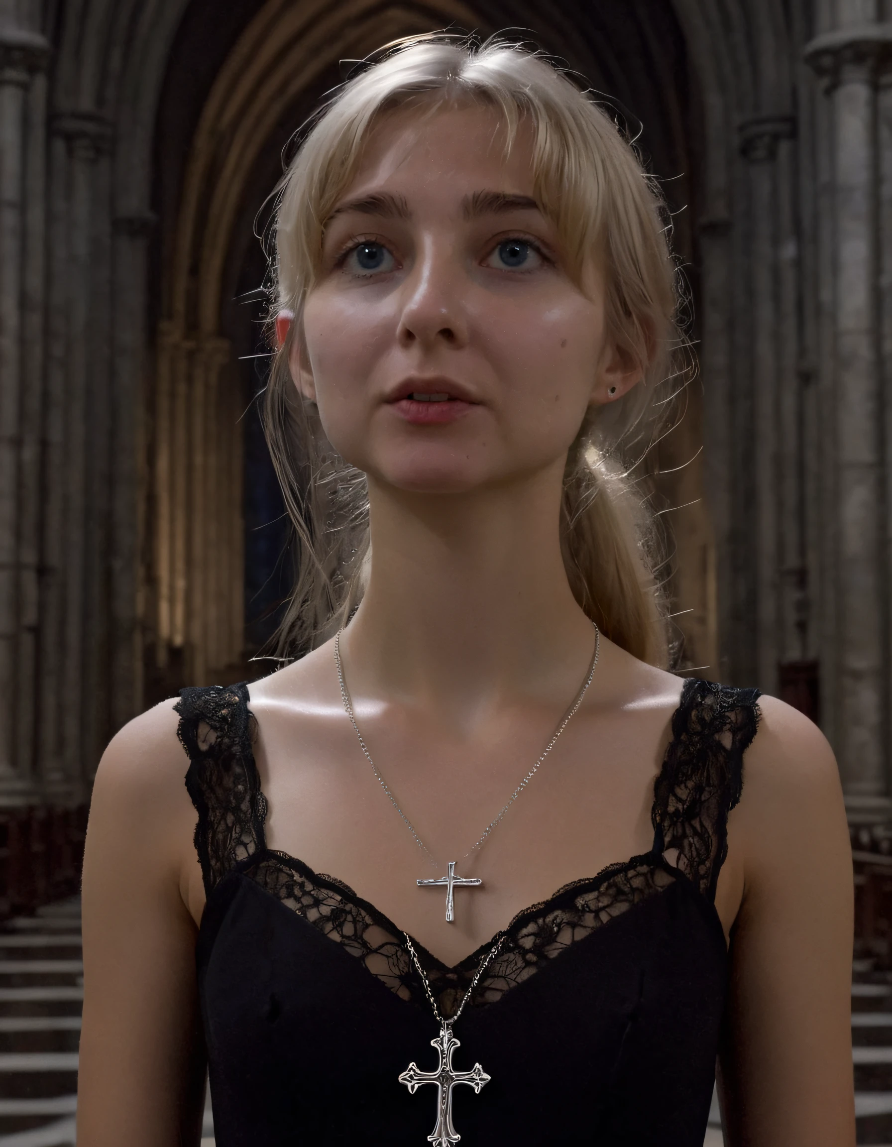A slender, blonde-haired girl, dressed in a black gown adorned with silver lace detailing and holding a cross necklace, stands at the center of a dimly lit, gothic cathedral. Her lips are parted slightly as she gazes out into the distance, her blue eyes reflecting an air of melancholy. TR0B1C4L <lora:jjkghg18fce9d55c6s925:1>