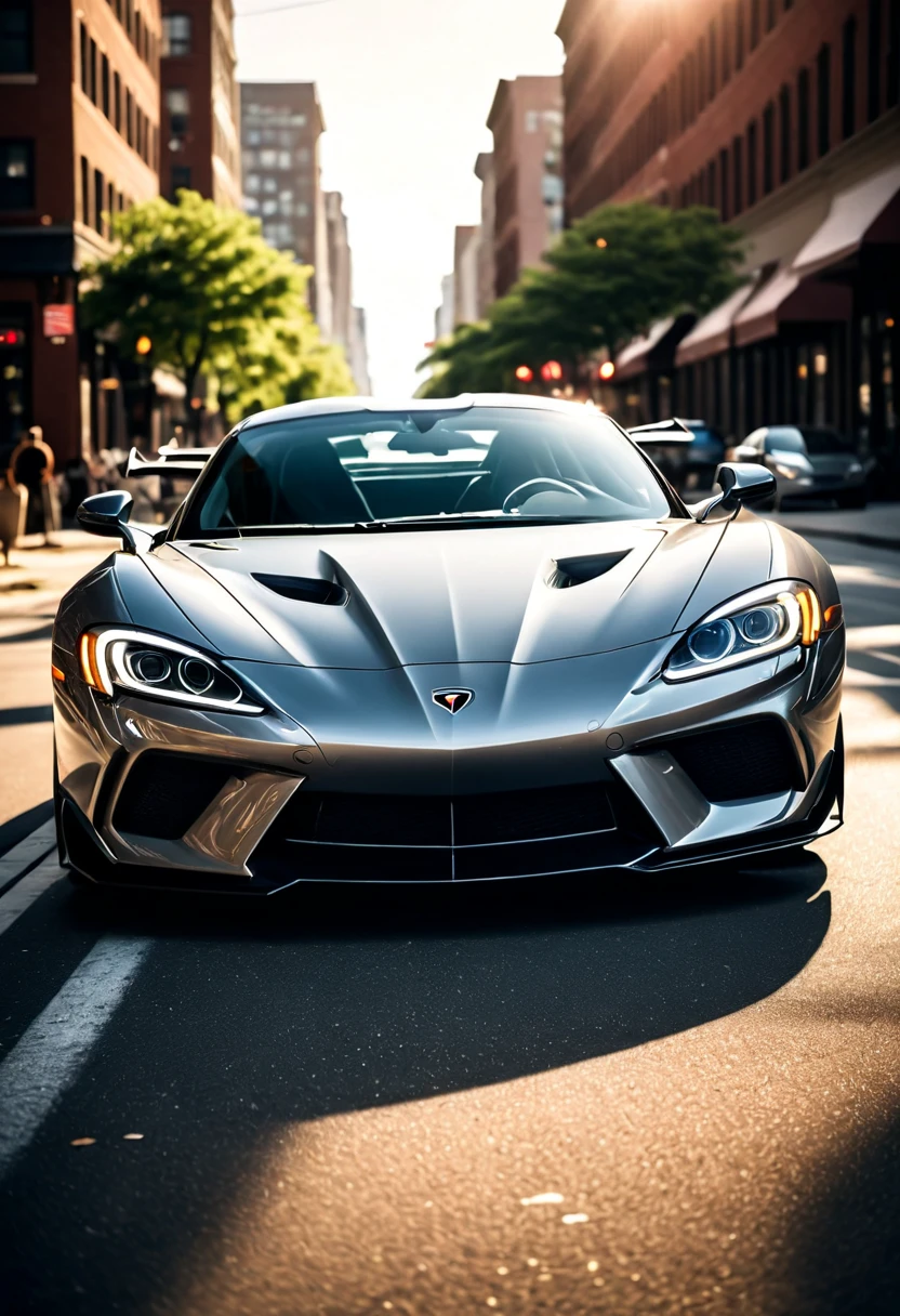 sports car, closeup shot, cinematic photo, intricate details, natural lighting, volumetric light, dust particles, analog photography, Fujifilm, soft shadows, modern day city street, morning, award winning photo, hyperdetailed, ultra-realistic,