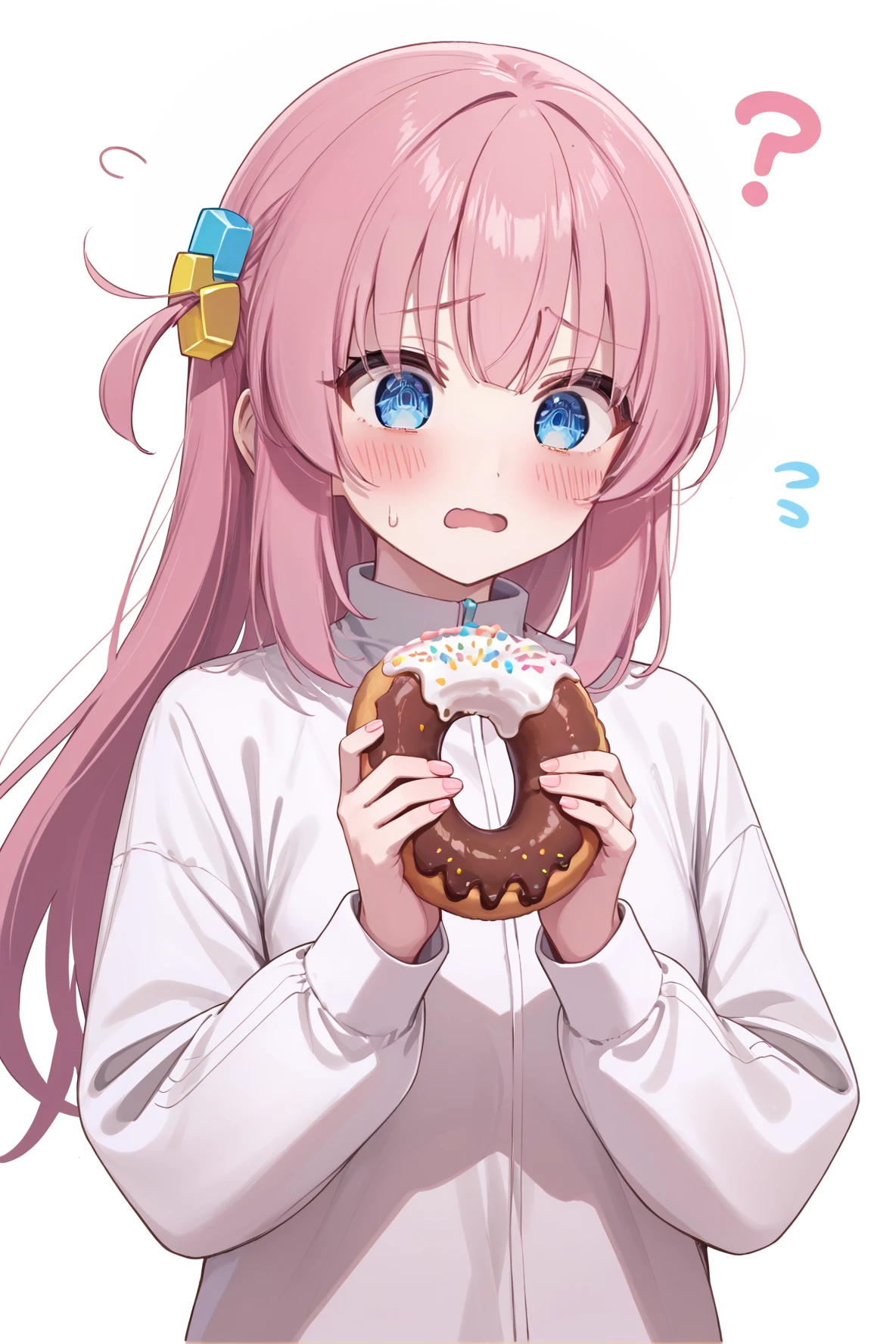 gomyon, 1girl, gotoh hitori, @_@, bocchi the rock!, pink hair, blue eyes, holding donut, embarassed, blush, flying sweatdrops, dynamic angle, white background, <lora:Gomyonbrite:0.7>