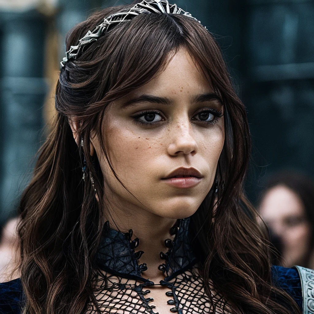 Skin texture, Closeup portrait photo of a stunning young woman dressed as a highborn noble from game of thrones,f /2.8, Canon, 85mm,cinematic, high quality, looking at the camera,  jenxortega,  <lora:jenortega_juggerX_xl_1_st_wocap_merger_43prev_24_39_05_03_02-jenxortega:1>