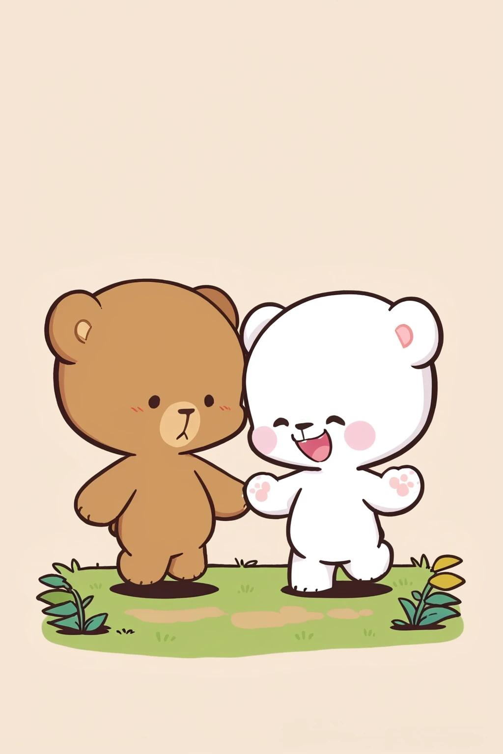 zPDXL, <lora:Character_Milk_and_Mocha:1>, cute, chibi, mocha (brown bear), milk (white bear), simple background, 2boys, hiking, moutain, happy