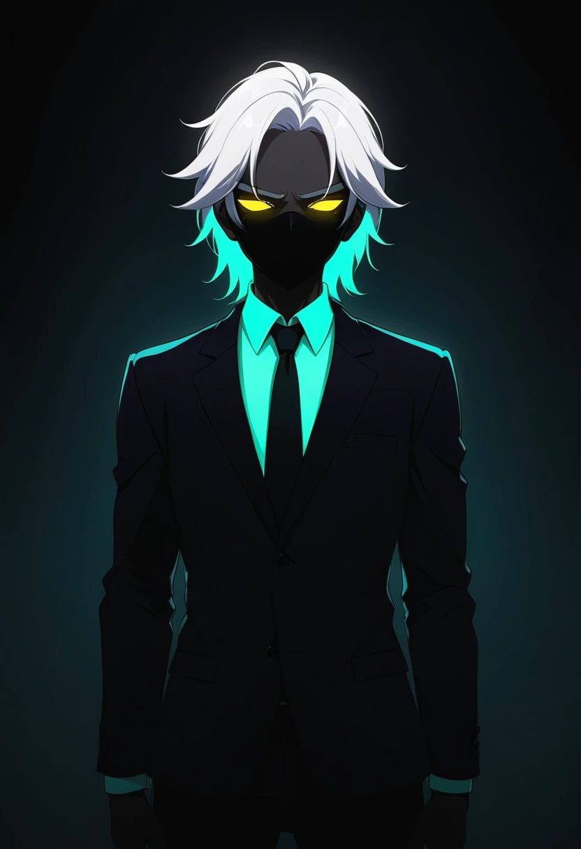 a white hair guy, eyes covered, wearing suit with a neon glowing hairs in the anime style of neon silhouette contrast, dark, black and color, animestyle,illustration, shadow