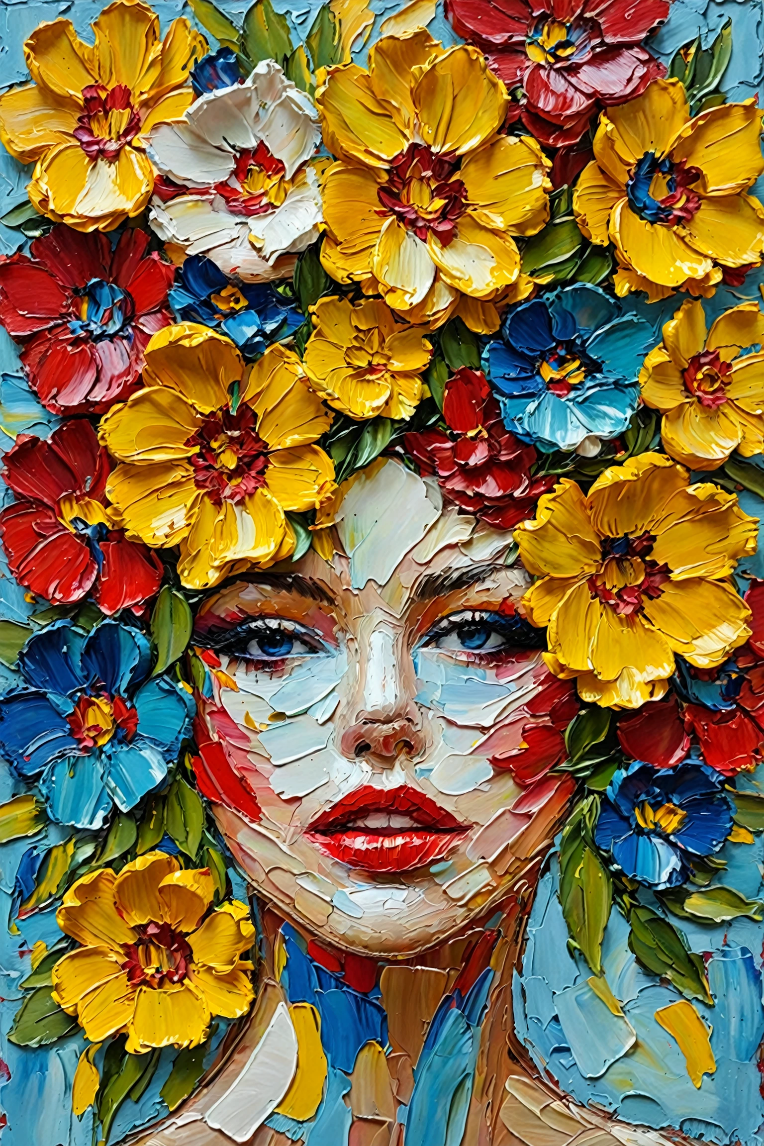 A vibrant and textured painting of a woman's face partially obscured by a burst of colorful flowers. The woman's lips are prominently painted in a deep shade of red. The flowers, primarily in shades of yellow, blue, and red, are depicted with thick, impasto brush strokes, giving them a three-dimensional appearance. The background consists of abstract blue and white strokes, which contrast with the vividness of the flowers and the woman's face.<lora:EMS-387362-EMS:0.800000>