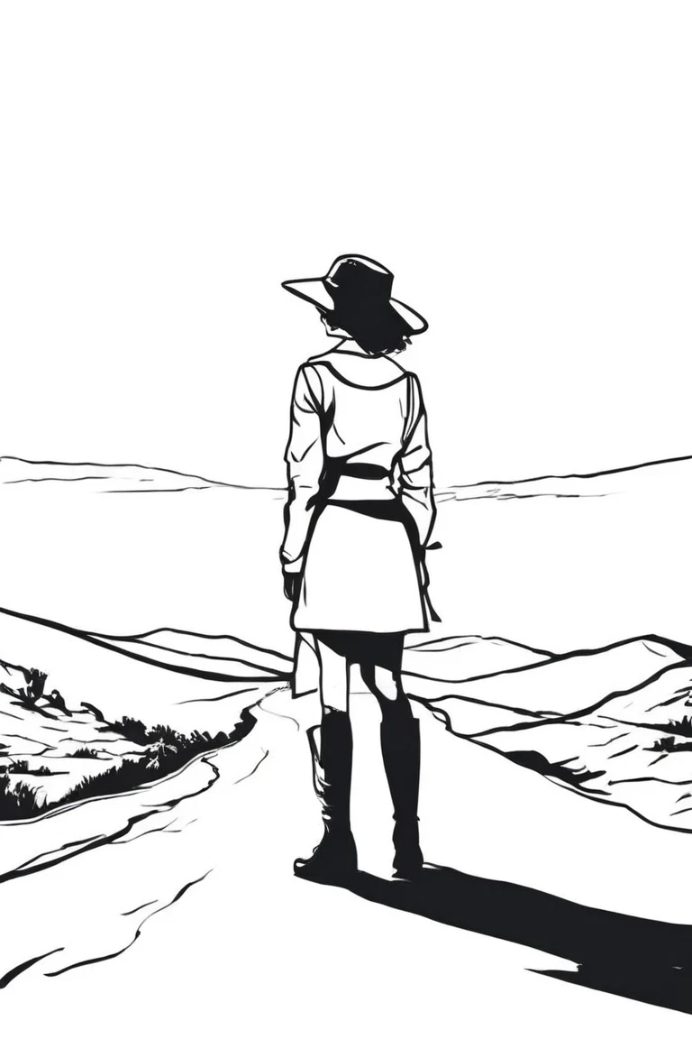 flvcil05 style <lora:style_05_line_art_l2-x_flvcil05_style:1>, woman cluseup standing,
sailor, ignorant,
Desert highway and endless horizon,
high quality, masterpiece, highres,