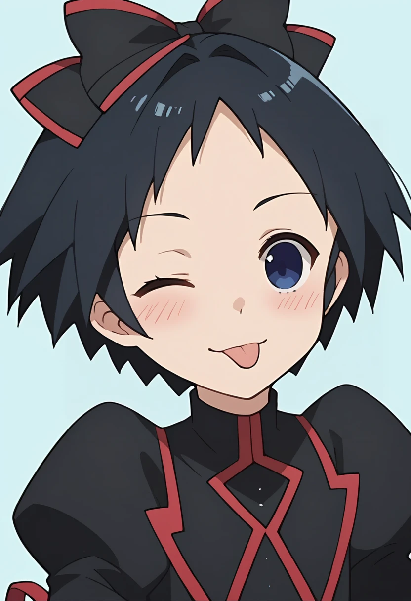 score_9, score_8_up, score_8, source_anime, 1girl, <lora:ChiyokoKurotori:0.85> flat chest, short hair, blue eyes, black hair, bow, hair bow, black dress, ribbon, looking at viewer, blush, tongue, wink, upper body,
light blue background, simple background,