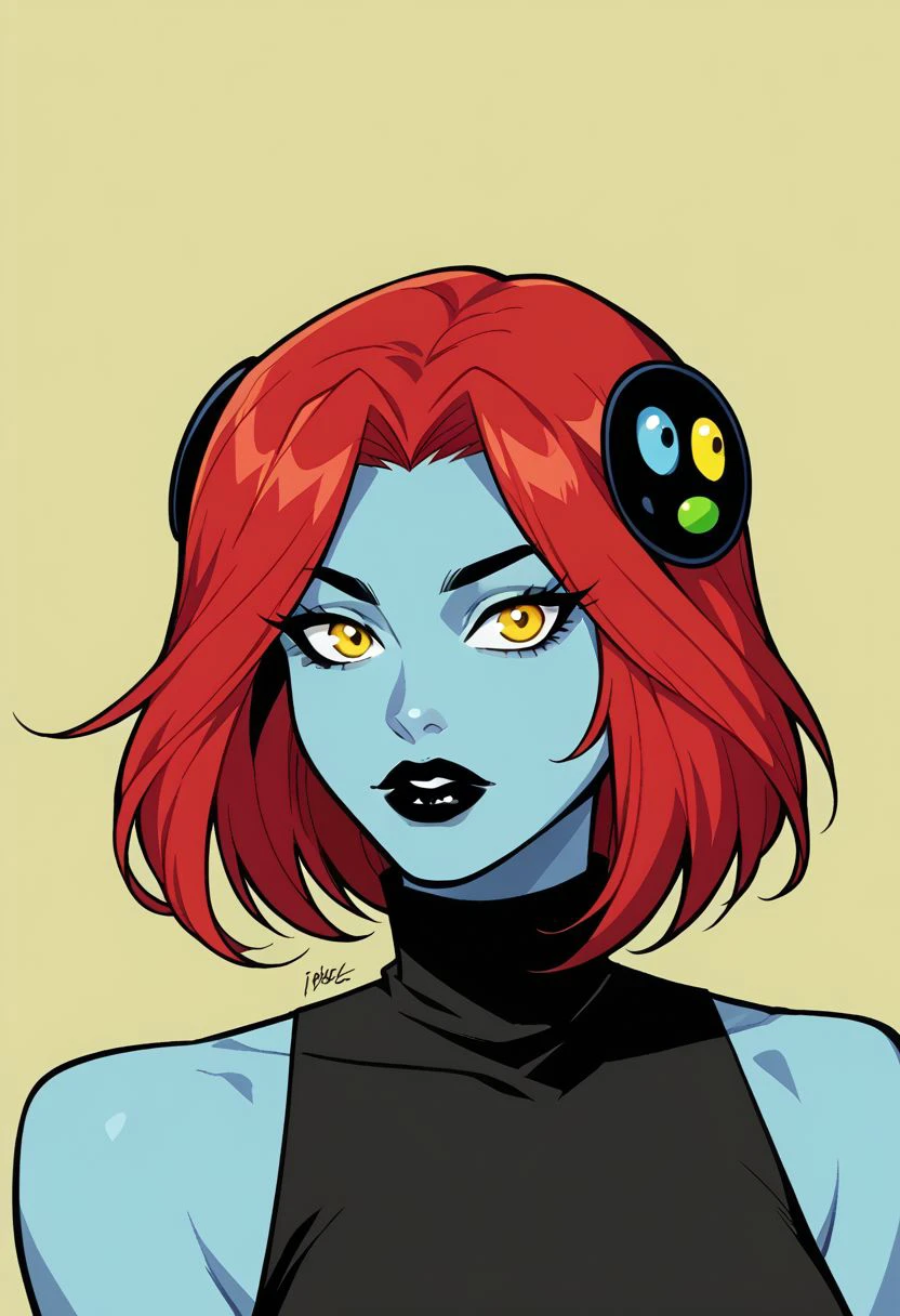 niji comix style, 1girl, solo, blue skin, colored skin, red hair, yellow eyes, bare shoulders, simple background, lips, portrait, hair ornament, makeup, sleeveless, black lips, lipstick, turtleneck, comic art style, illustration
 zPDXL2