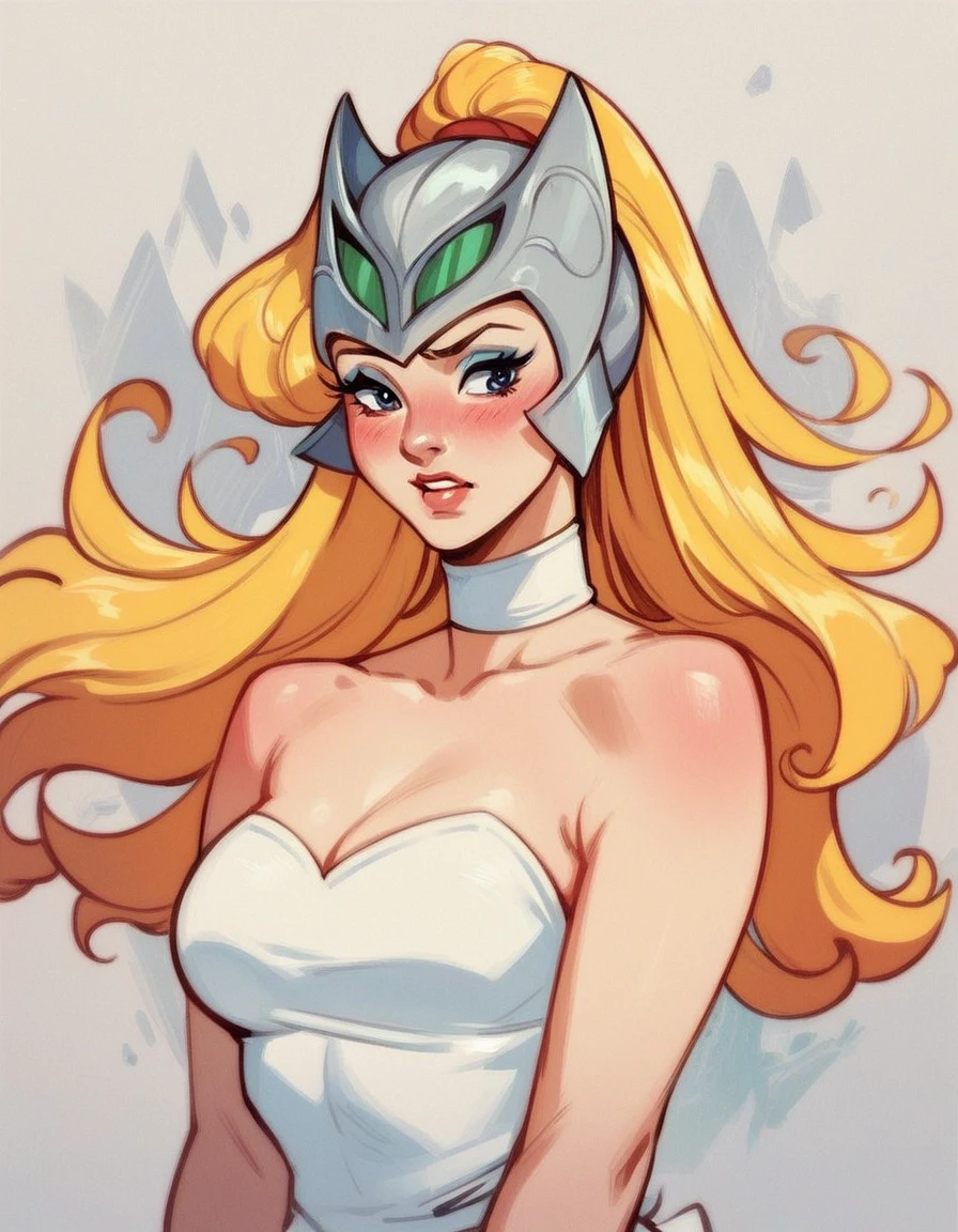 score_9, score_8_up, score_7_up, score_6_up, score_5_up, score_4_up, 1girl, long blonde hair, white short dress, bare shoulders, helmet, blush, makeup, hud_shera_bk_styl, retro artstyle, <lora:shera-000007:0.6>,