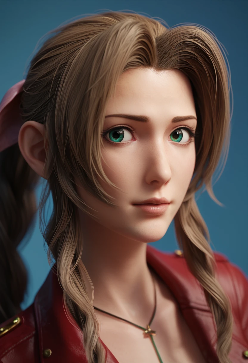 score_9, score_8_up, score_7_up, score_6_up, BREAK 1girl, solo, aerith gainsborough, portrait, blue background, depth of field, shadow,