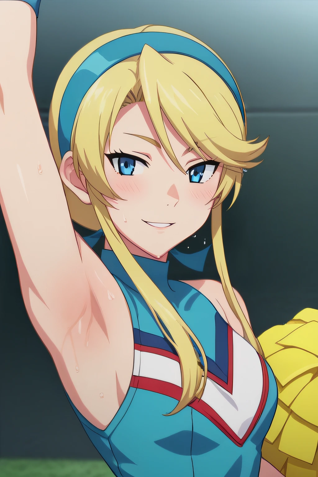 score_9, score_8_up, score_7_up, source_anime, rating_safe, intricate details, anime screencap, official style, <lora:PONY_Lina_Davis:0.9>, lina, blonde hair, blue eyes, hairband, bicolor dress, cheerleader, blue wristband, looking at viewer, from above, five fingers, outdoor, sweaty body, standing, upper body, arm up, armpit, wet body, naughty face, blush, smile, parted lips