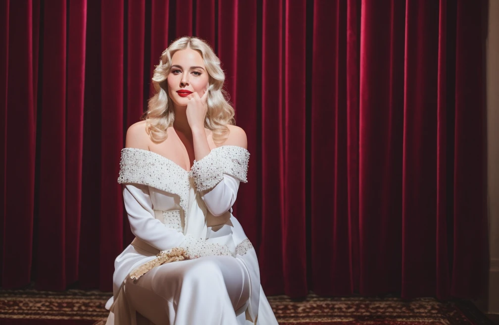 RAW photo, subject, 8k uhd, dslr, soft lighting, high quality, film grain, Fujifilm XT3, professional photo, (detailed skin:1.3), high quality, <lora:Old_Hollywood:0.68> , old hollywood, old hollywood style, old hollywood scene, old hollywood portrait, old hollywood fashion, (masterpiece, best quality), 1girl with long white hair, her hand under her chin, warm lighting, white dress, blurry foreground, vogue, vogue magazine, high budget, still, night, sitting on a stage, red velvet curtains, microphone stand, bouquets lying on stage, lonely, after performance, crying,