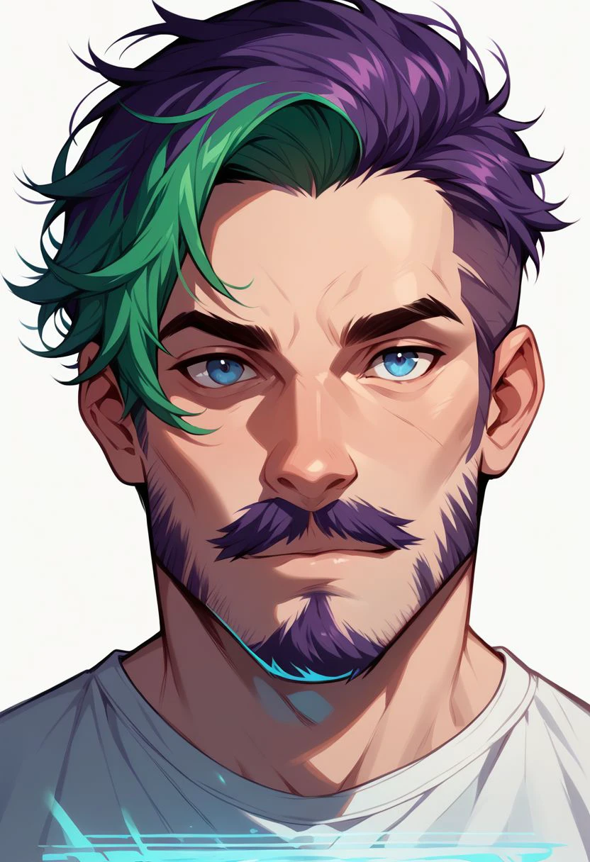 niji comix style, facial hair, 1boy, male focus, beard, solo, blue eyes, portrait, green hair, two tone hair, gradient hair, purple hair, holographic hair, multicolored eyes,  mustache, white background, looking at viewer, simple background, shirt, short hair, comic art style, illustration PnyCmicPosXL
 zPDXL2