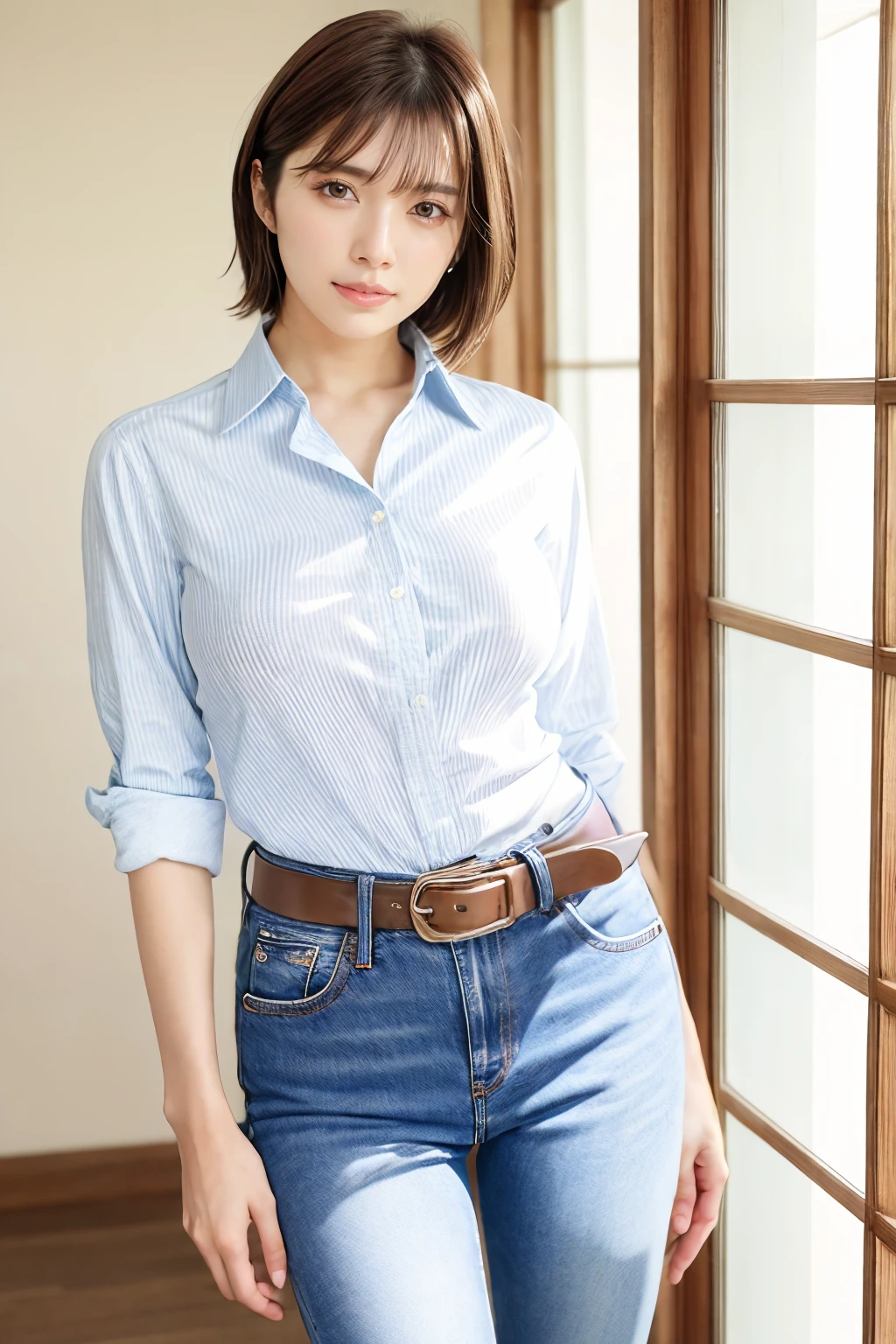 1girl, maitsubasa_jav, breasts, short hair,  brown eyes,
wearing collared blouse, jeans, belt, jewelry, standing,
detailed body, attractive body, perfect human body,cowboy shot,
looking at viewer, shot using canon DSLR,
(ultimate quality, masterpiece, highres:1.0), realistic:1.8, photorealistic,   <lora:JAV_mai_tsubasa_v1_epoch_12:0.8>