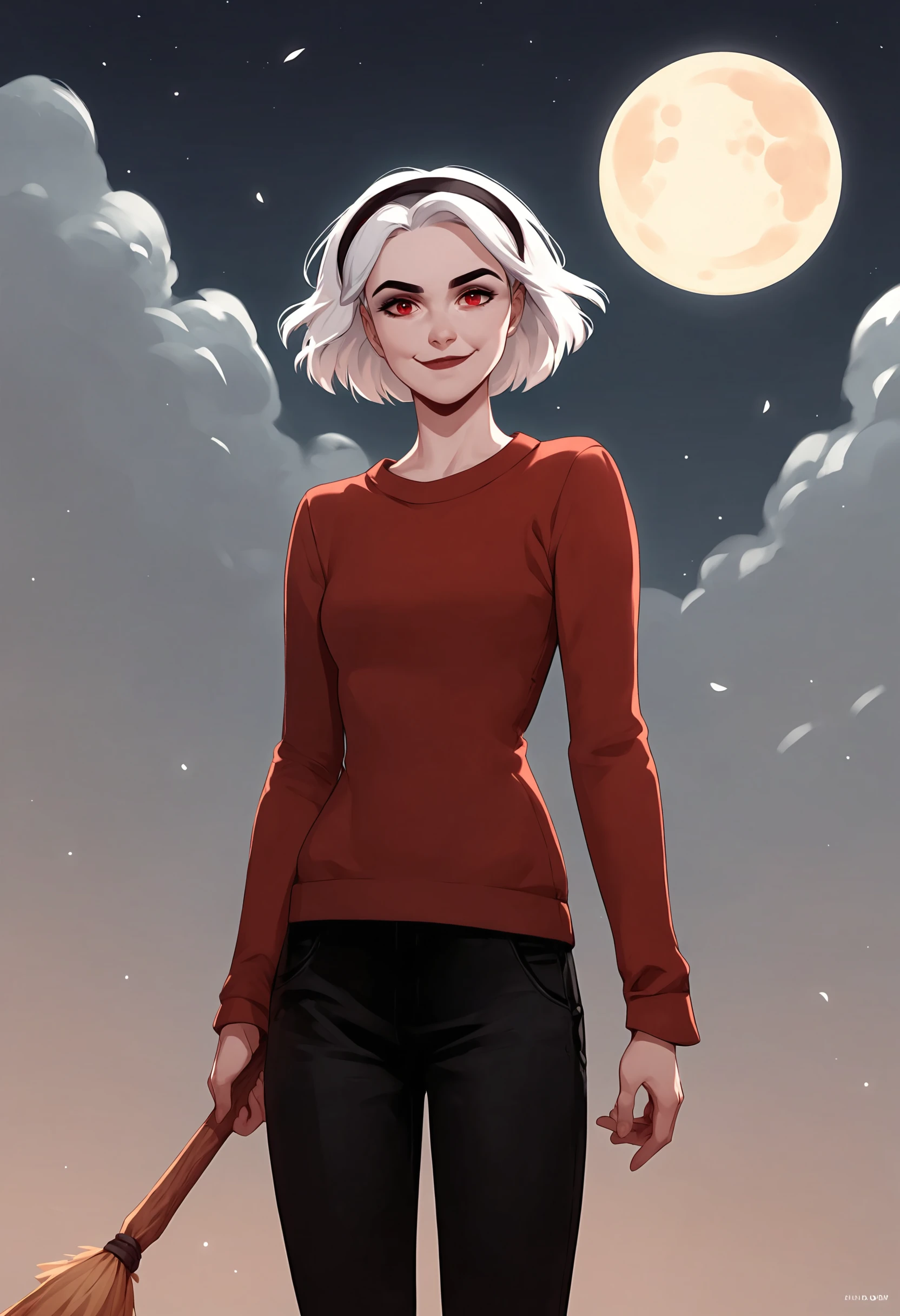 , score_9, score_8_up, score_7_up, score_6_up, score_5_up, score_4_up, looking at viewer, <lora:SabrinaPony1.1:1> Sabrina, 1girl, moon, solo, red eyes, broom, white hair, hairband, pants, sky, looking at viewer, smile, sweater, long sleeves, black pants, holding, short hair