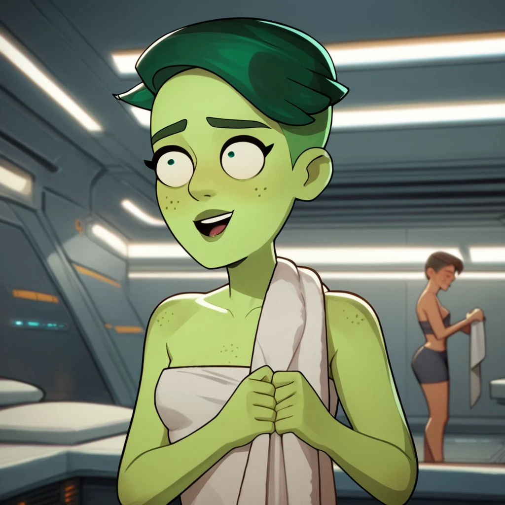 score_9, score_8_up, score_7_up, score_6_up, score_5_up, score_4_up, rating_explicit, 1girl, Tendi, green skin, on a spaceship, excited, green hair, towel, freckled shoulders, freckled chest, small breasts