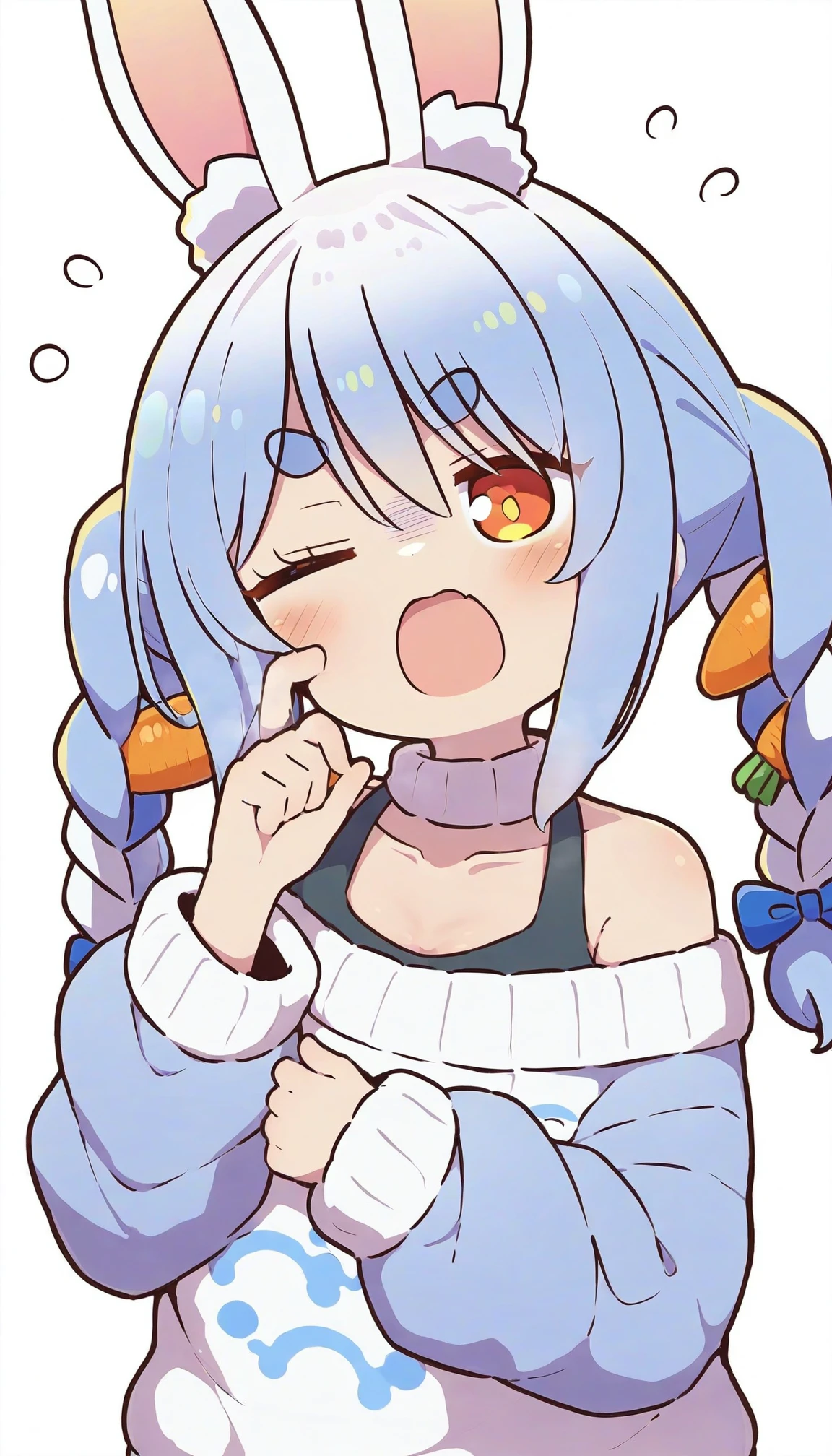 1girl, virtual youtuber, usada pekora, solo, animal ears, blue hair, one eye closed, rabbit ears, sweater, food-themed hair ornament, carrot hair ornament, open mouth, hair ornament, sleepy, white background, white sweater, simple background, hair ribbon, ribbon, upper body, long sleeves, short hair, rubbing eyes, blue ribbon, multicolored hair, thick eyebrows, two side up, animal ear fluff, rabbit girl, blush, looking at viewer, twintails, alternate costume, orange eyes, white hair, two-tone hair, off-shoulder sweater, sleep bubble, collarbone, masterpiece,newest,absurdres,safe,